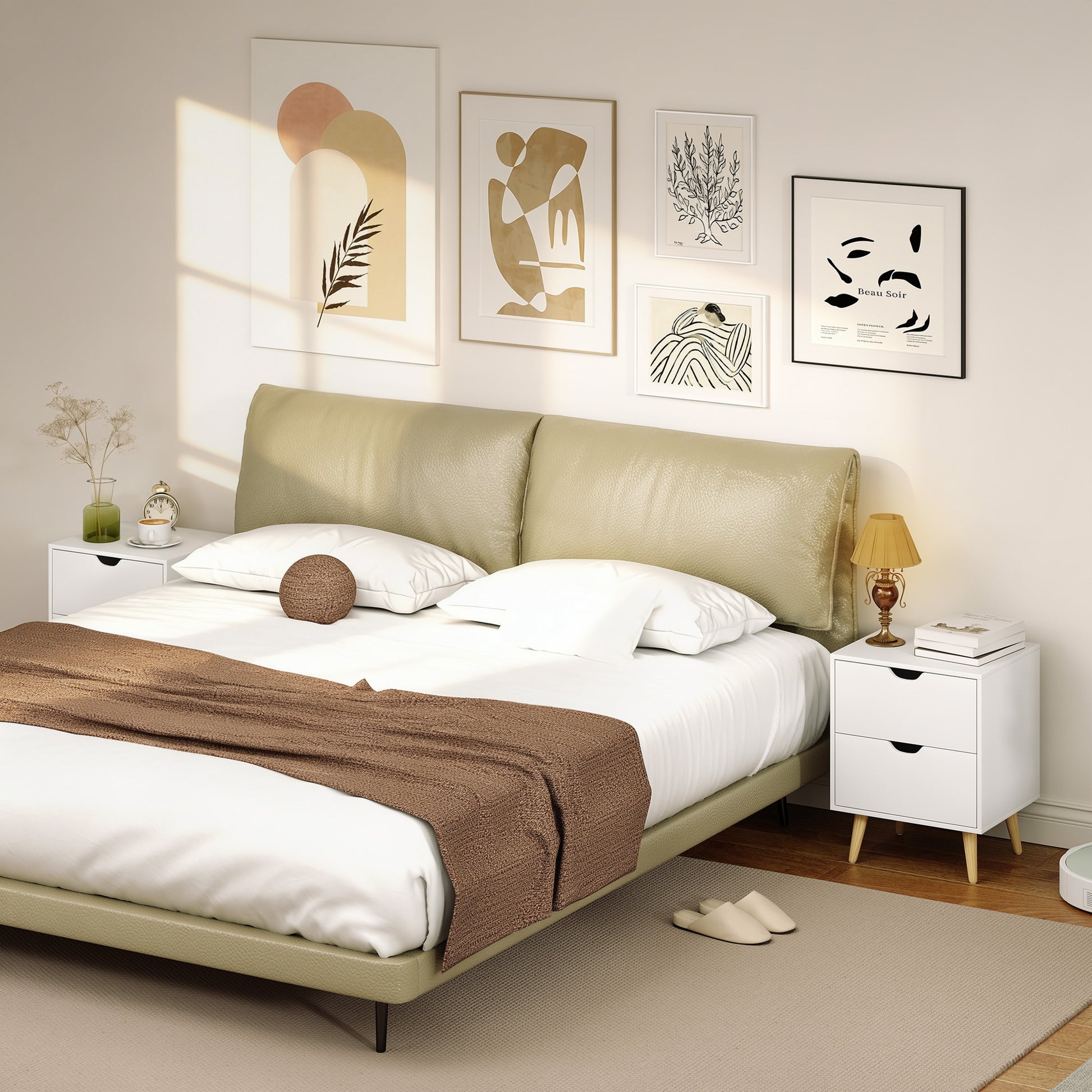 Modern Bedside Table Set of 2, Nightstand with 2 Drawers and Pine Wood Legs for Bedroom, White-Home Furnishings > Bedroom Furniture > Bedside Tables-DECOROLALA
