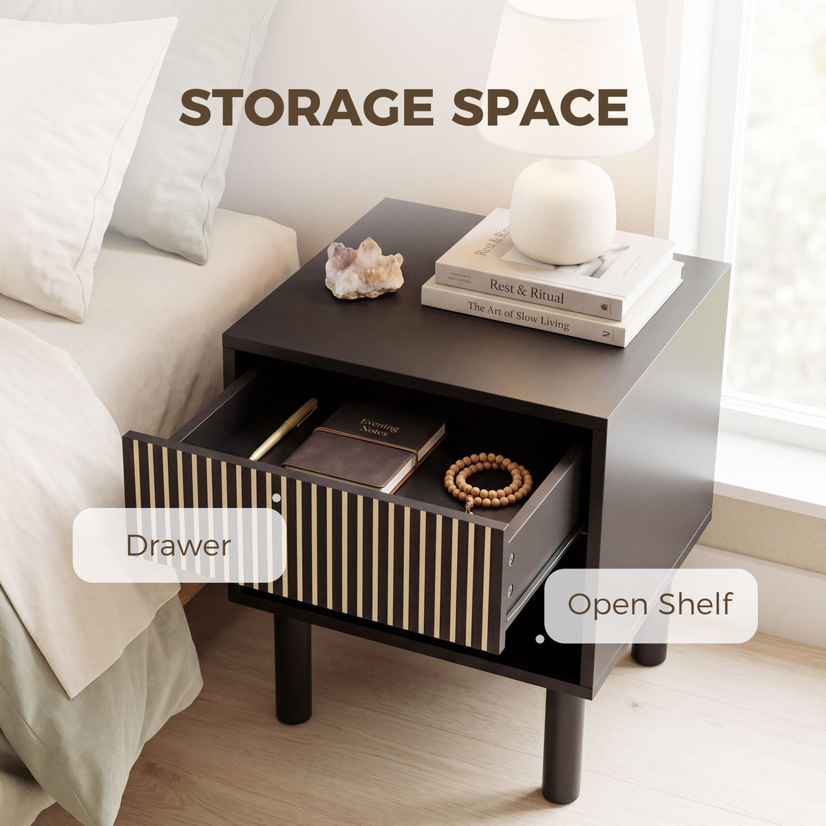 Modern Bedside Table with Drawer and Shelf - Black-Home Furnishings > Bedroom Furniture > Bedside Tables-DECOROLALA