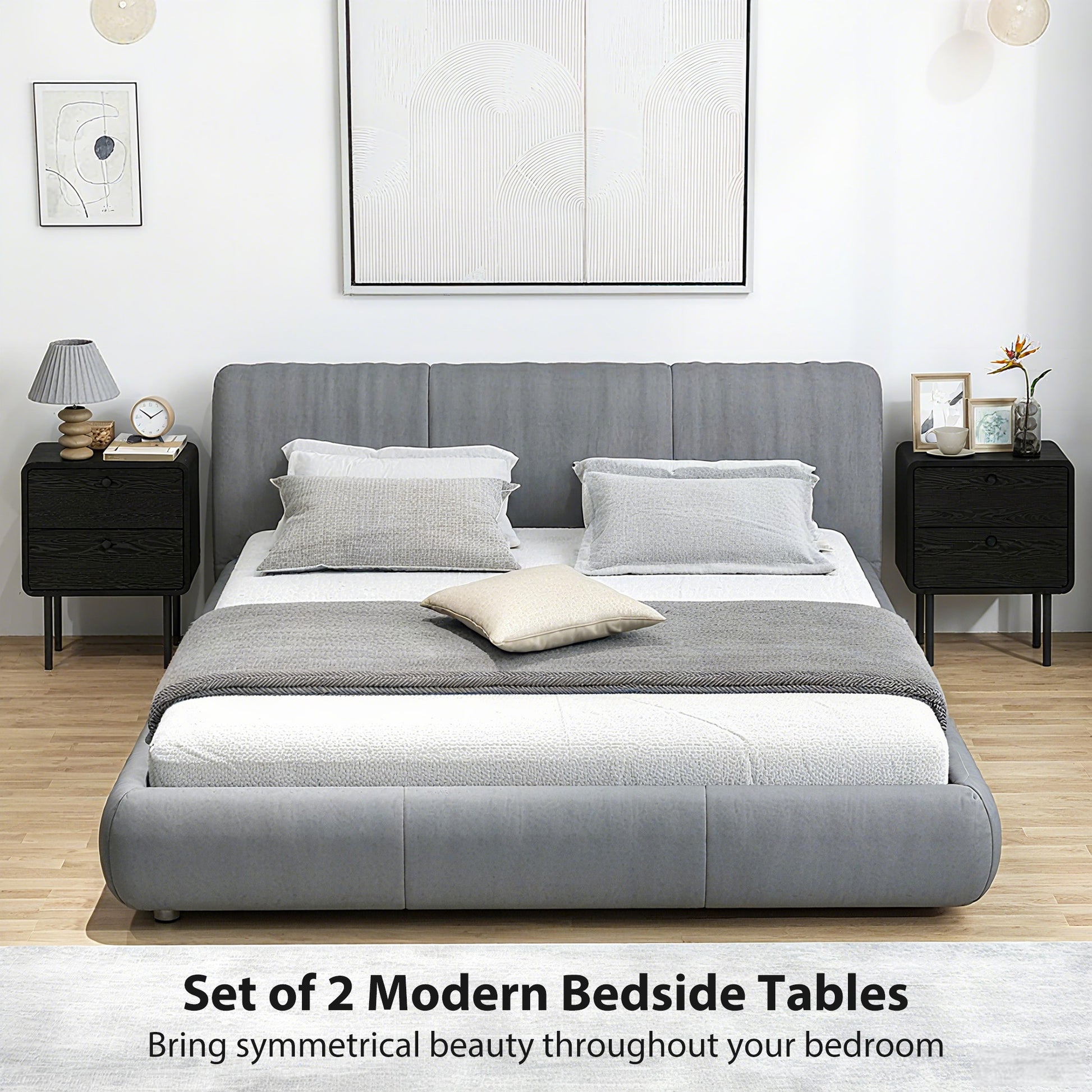 Modern Bedside Tables Set of 2, 2 Pieces Nightstands with 2 Storage Drawers and Steel Legs for Bedroom, Black Wood Grain-Home Furnishings > Bedroom Furniture > Bedside Tables-DECOROLALA