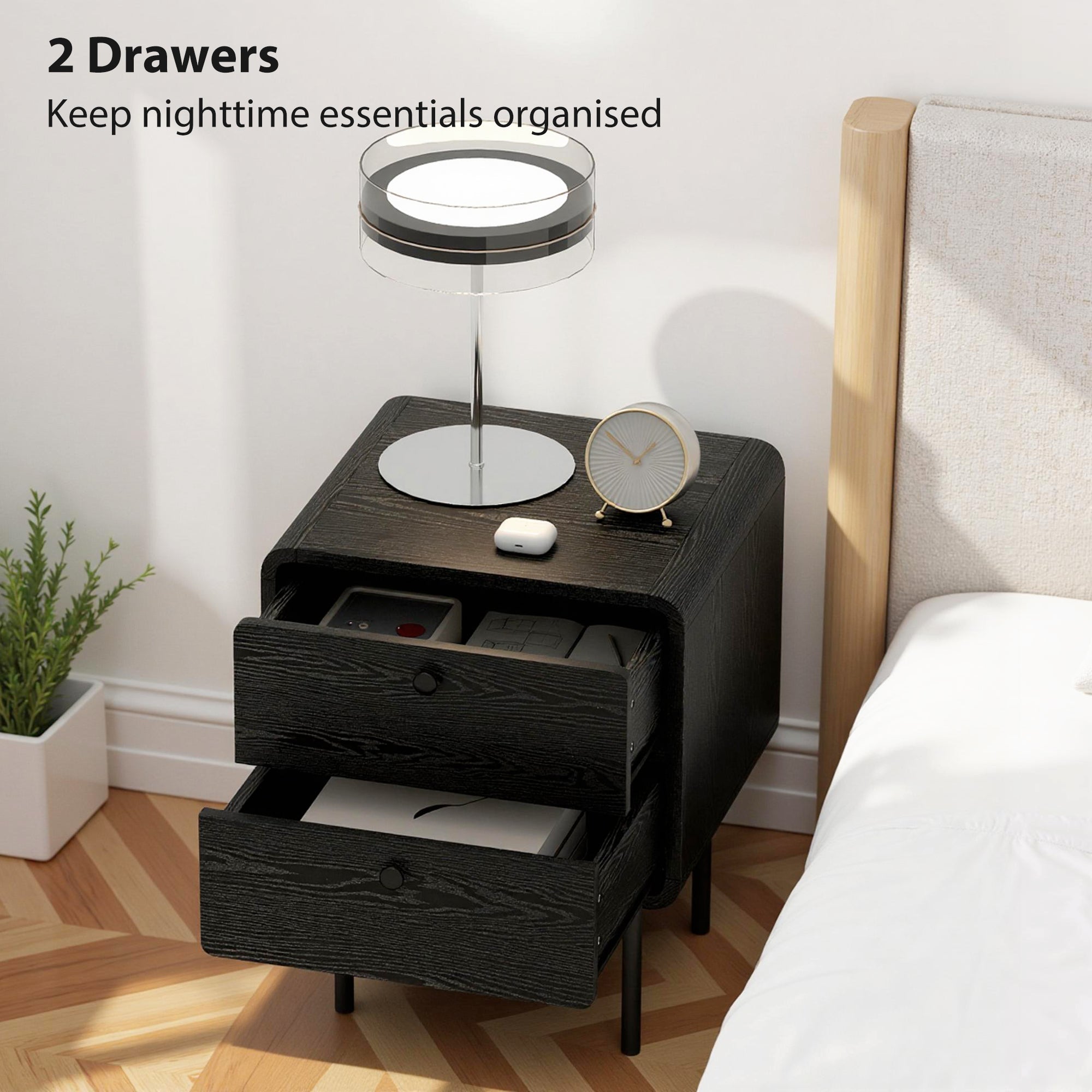 Modern Bedside Tables Set of 2, 2 Pieces Nightstands with 2 Storage Drawers and Steel Legs for Bedroom, Black Wood Grain-Home Furnishings > Bedroom Furniture > Bedside Tables-DECOROLALA