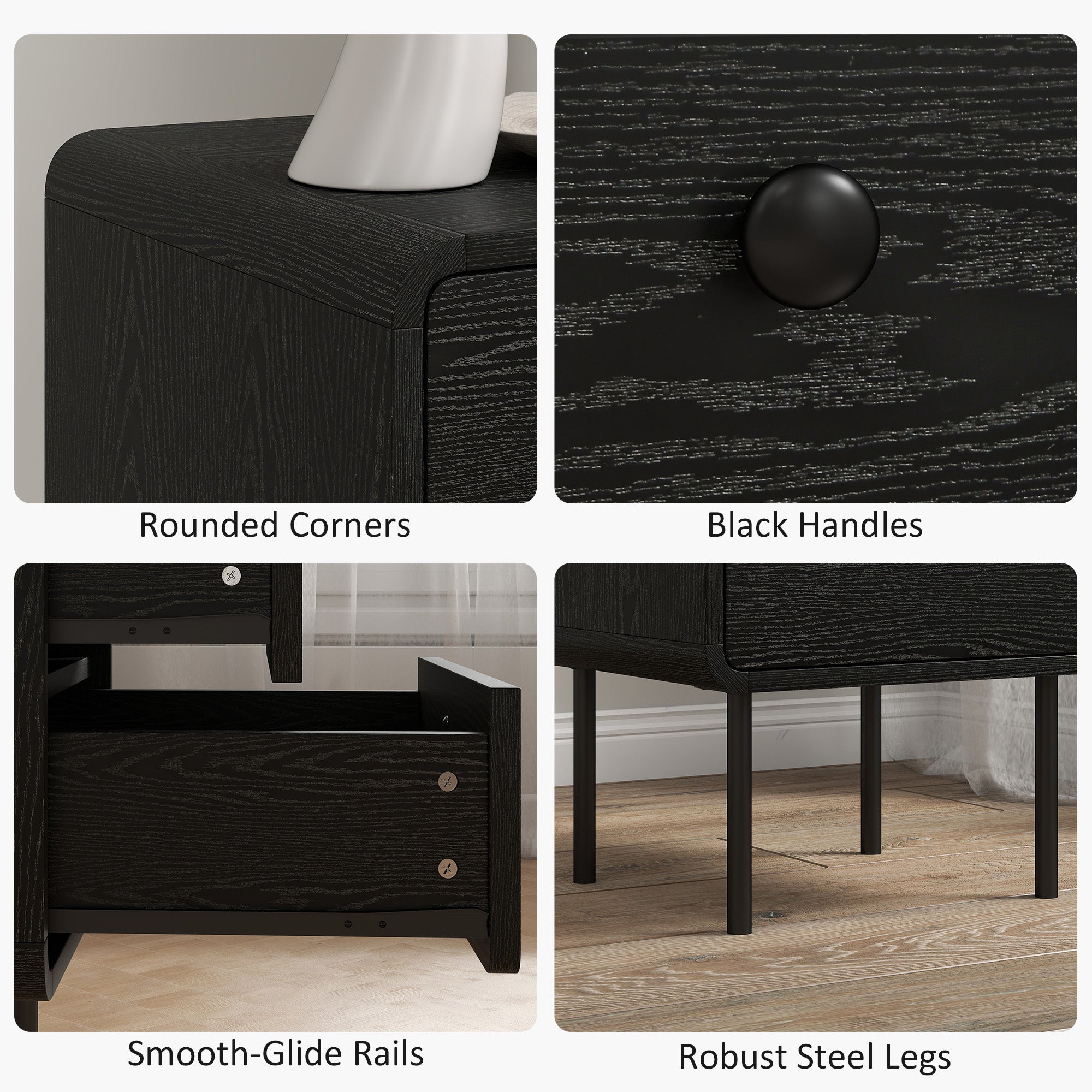 Modern Bedside Tables Set of 2, 2 Pieces Nightstands with 2 Storage Drawers and Steel Legs for Bedroom, Black Wood Grain-Home Furnishings > Bedroom Furniture > Bedside Tables-DECOROLALA