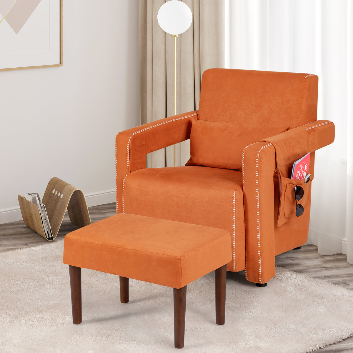 Modern Berber Fleece Single Sofa Chair with Ottoman and Waist Pillow-Orange-Accent Chairs-DECOROLALA