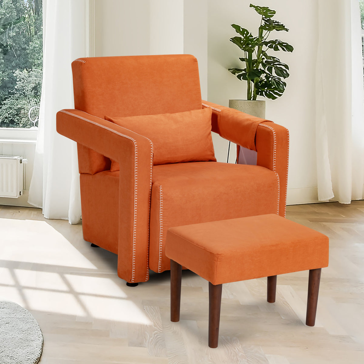 Modern Berber Fleece Single Sofa Chair with Ottoman and Waist Pillow-Orange-Accent Chairs-DECOROLALA