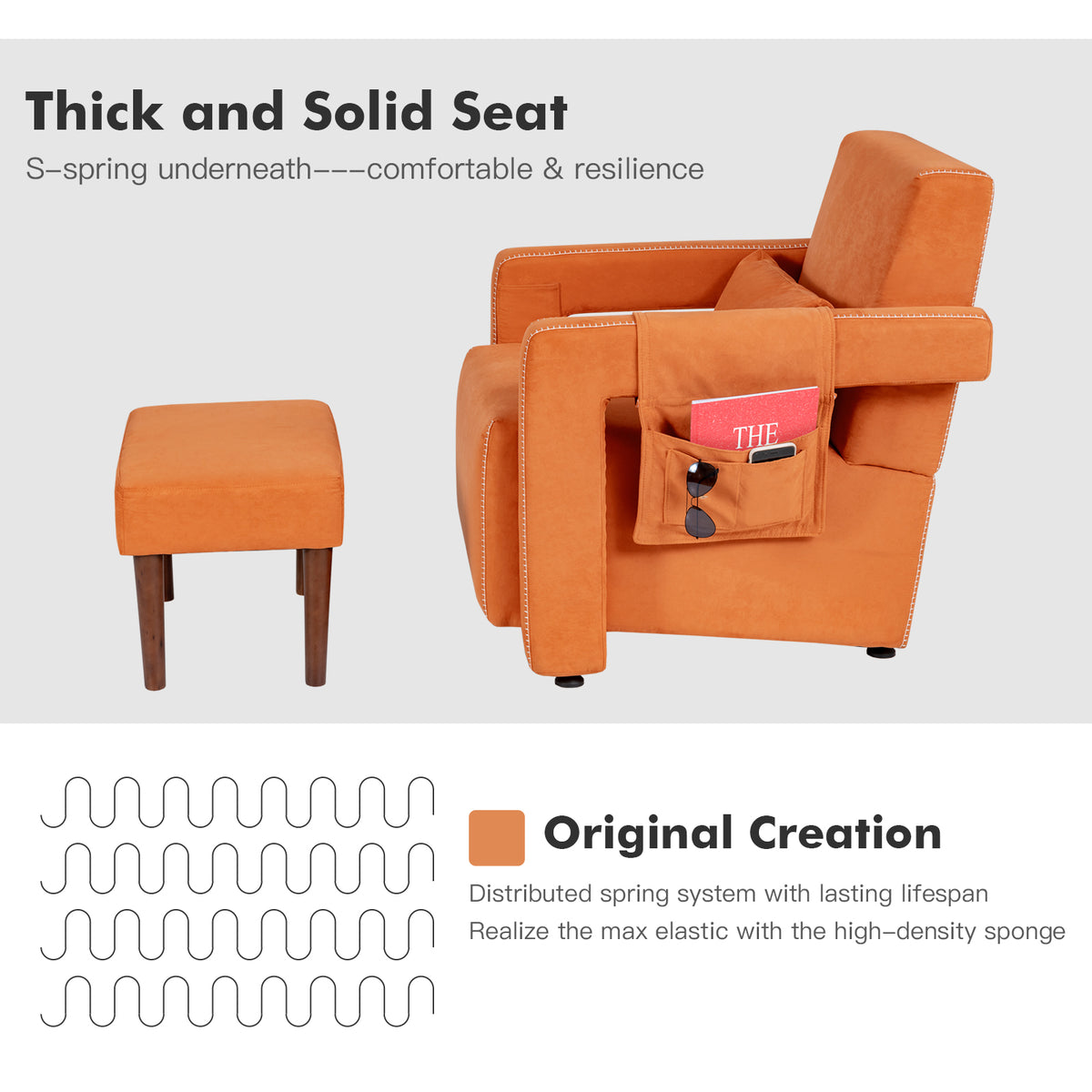 Modern Berber Fleece Single Sofa Chair with Ottoman and Waist Pillow-Orange-Accent Chairs-DECOROLALA