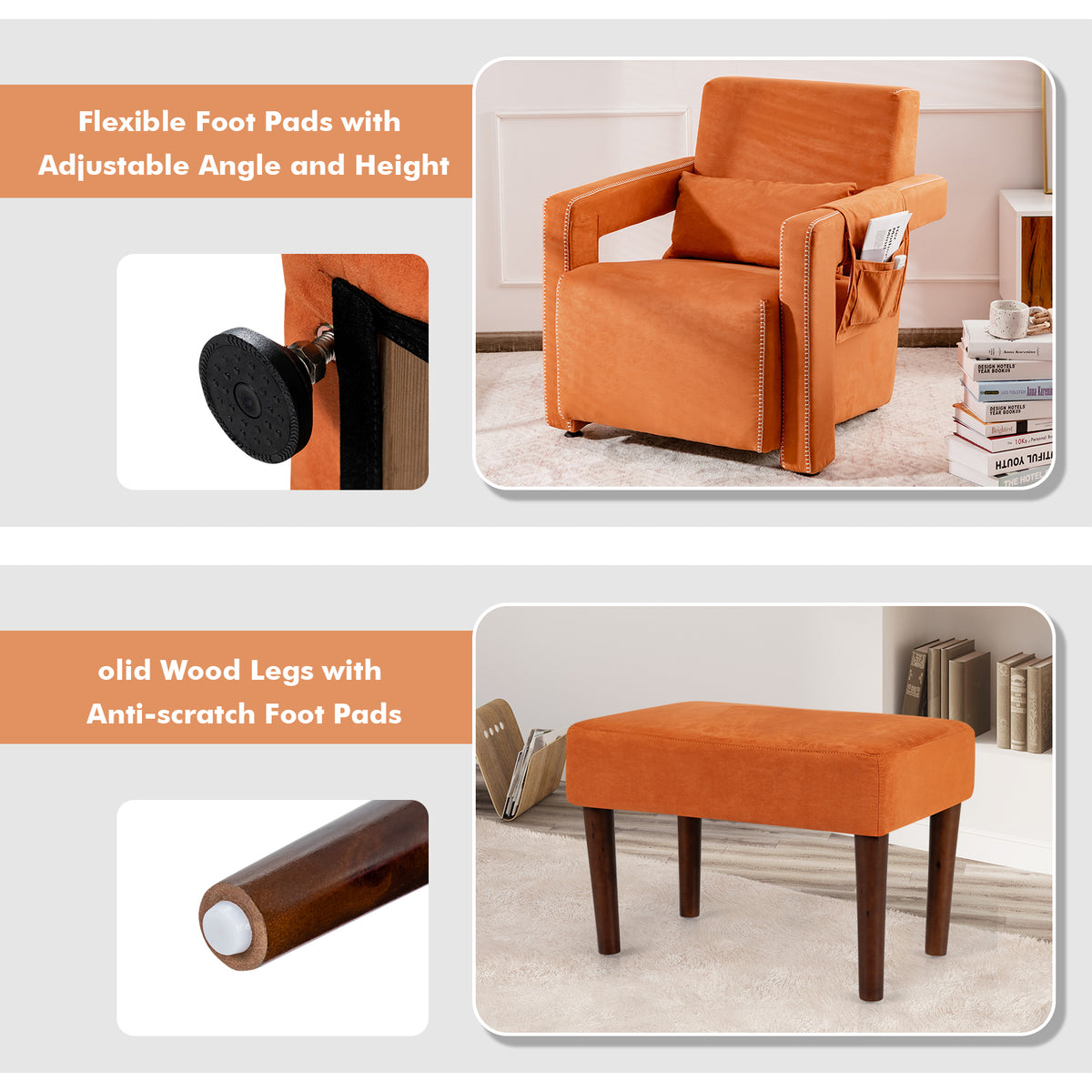 Modern Berber Fleece Single Sofa Chair with Ottoman and Waist Pillow-Orange-Accent Chairs-DECOROLALA