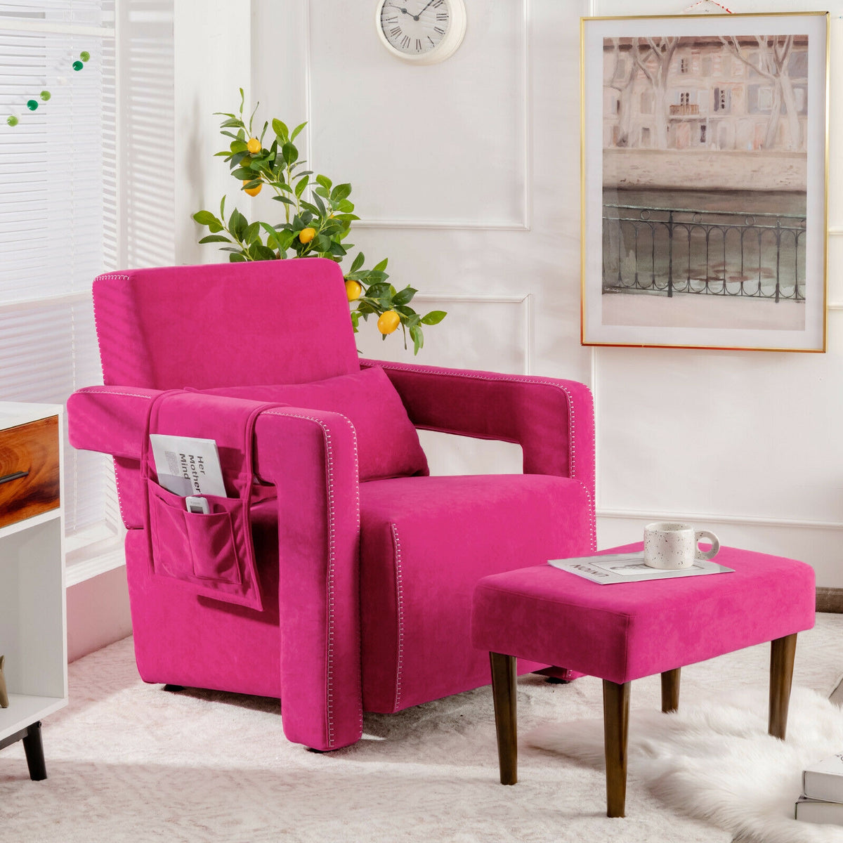 Modern Berber Fleece Single Sofa Chair with Ottoman and Waist Pillow-Red-Accent Chairs-DECOROLALA
