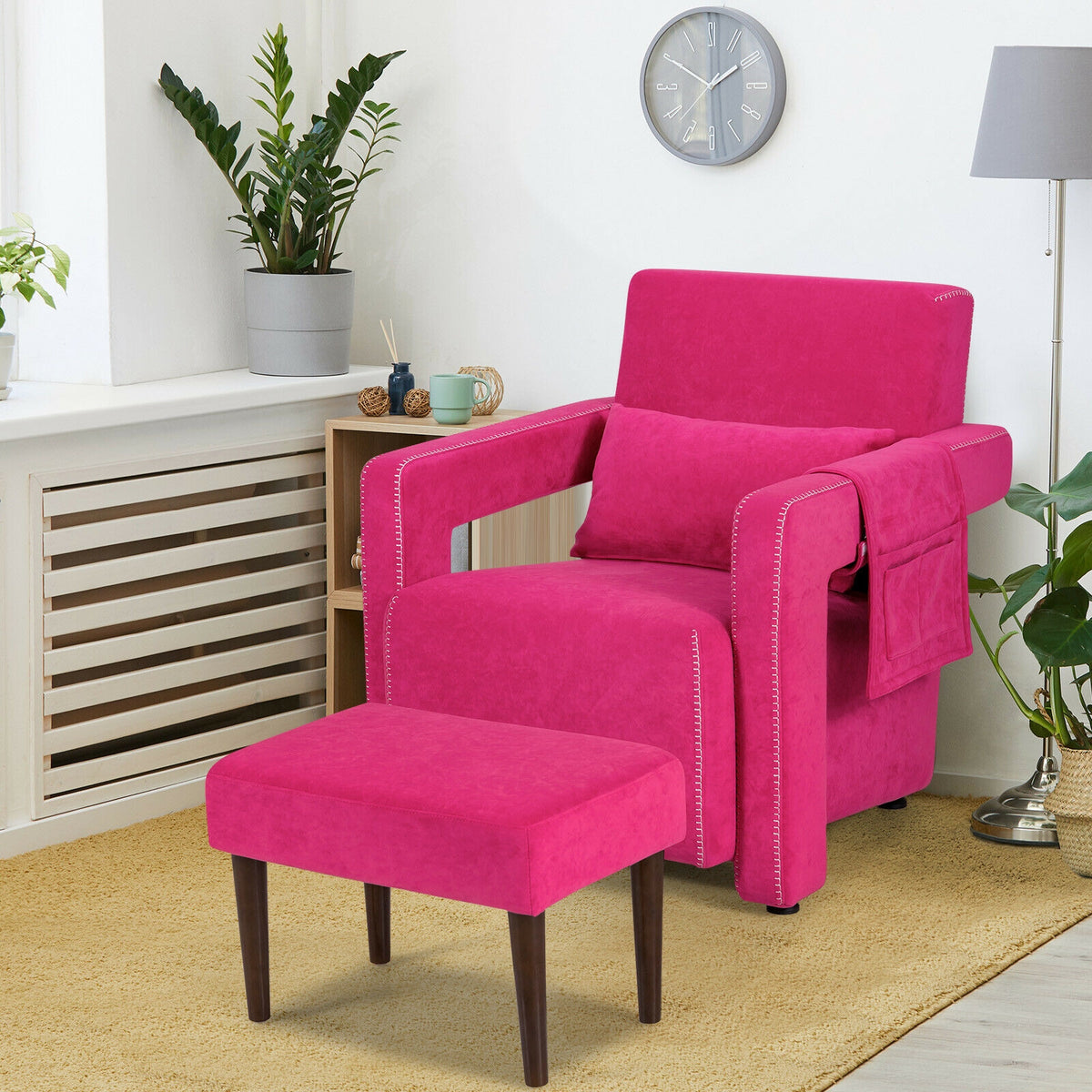 Modern Berber Fleece Single Sofa Chair with Ottoman and Waist Pillow-Red-Accent Chairs-DECOROLALA