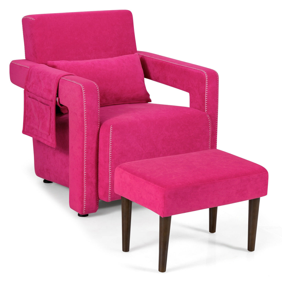 Modern Berber Fleece Single Sofa Chair with Ottoman and Waist Pillow-Red-Accent Chairs-DECOROLALA