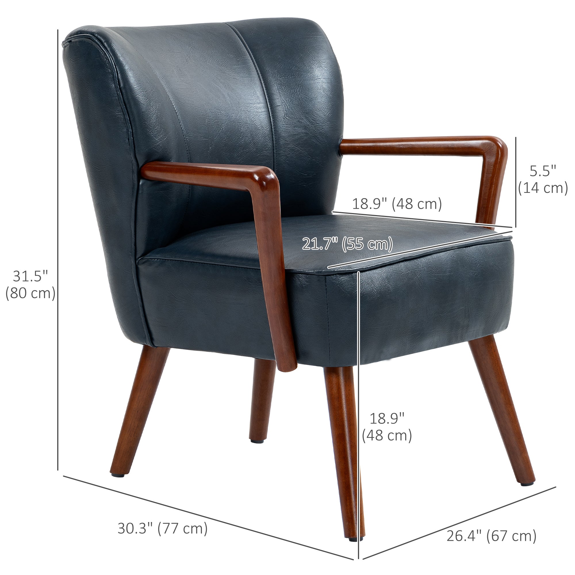 Modern Blue Accent Chair, Faux Leather, Wood Legs, Padded Seat-DECOROLALA