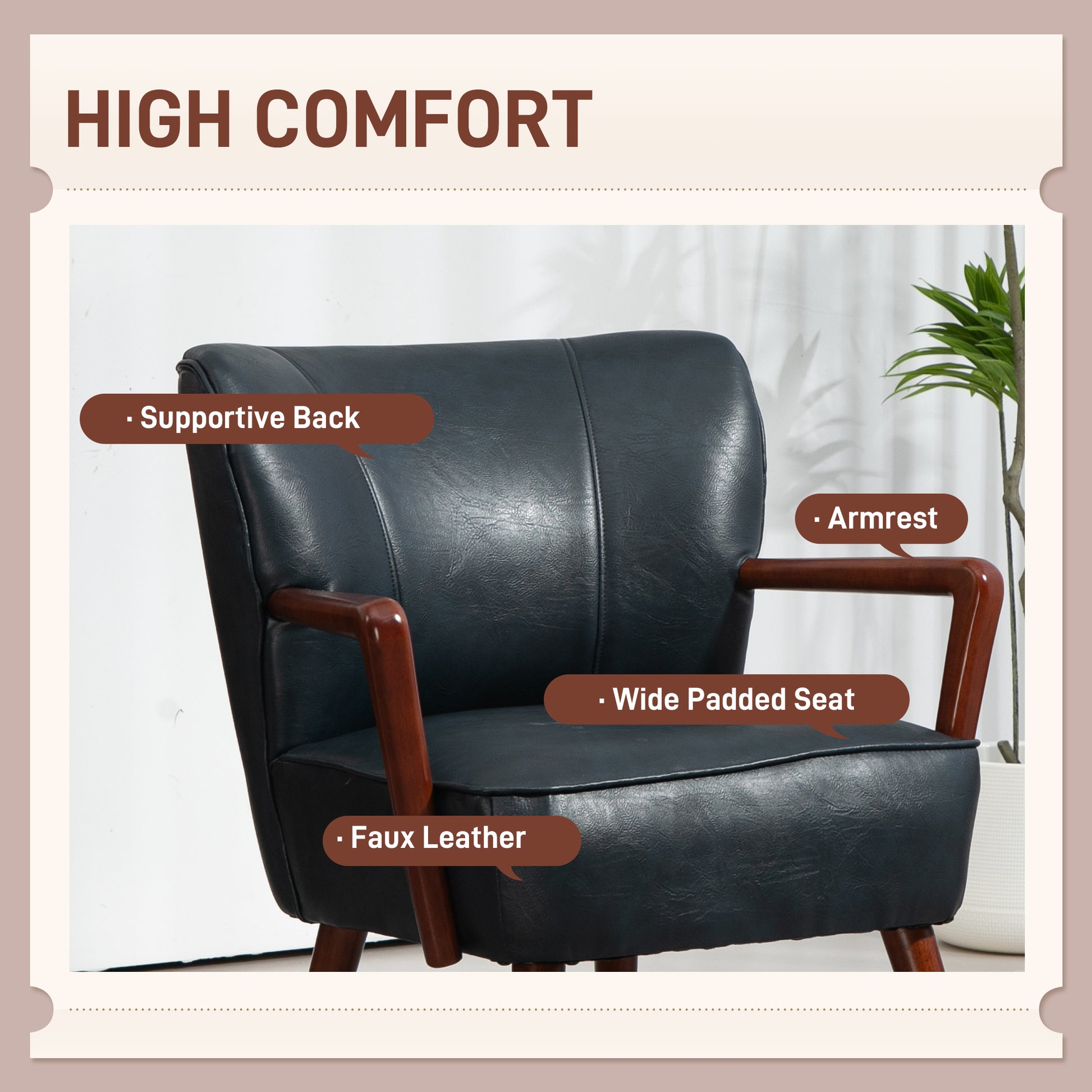 Modern Blue Accent Chair, Faux Leather, Wood Legs, Padded Seat-DECOROLALA