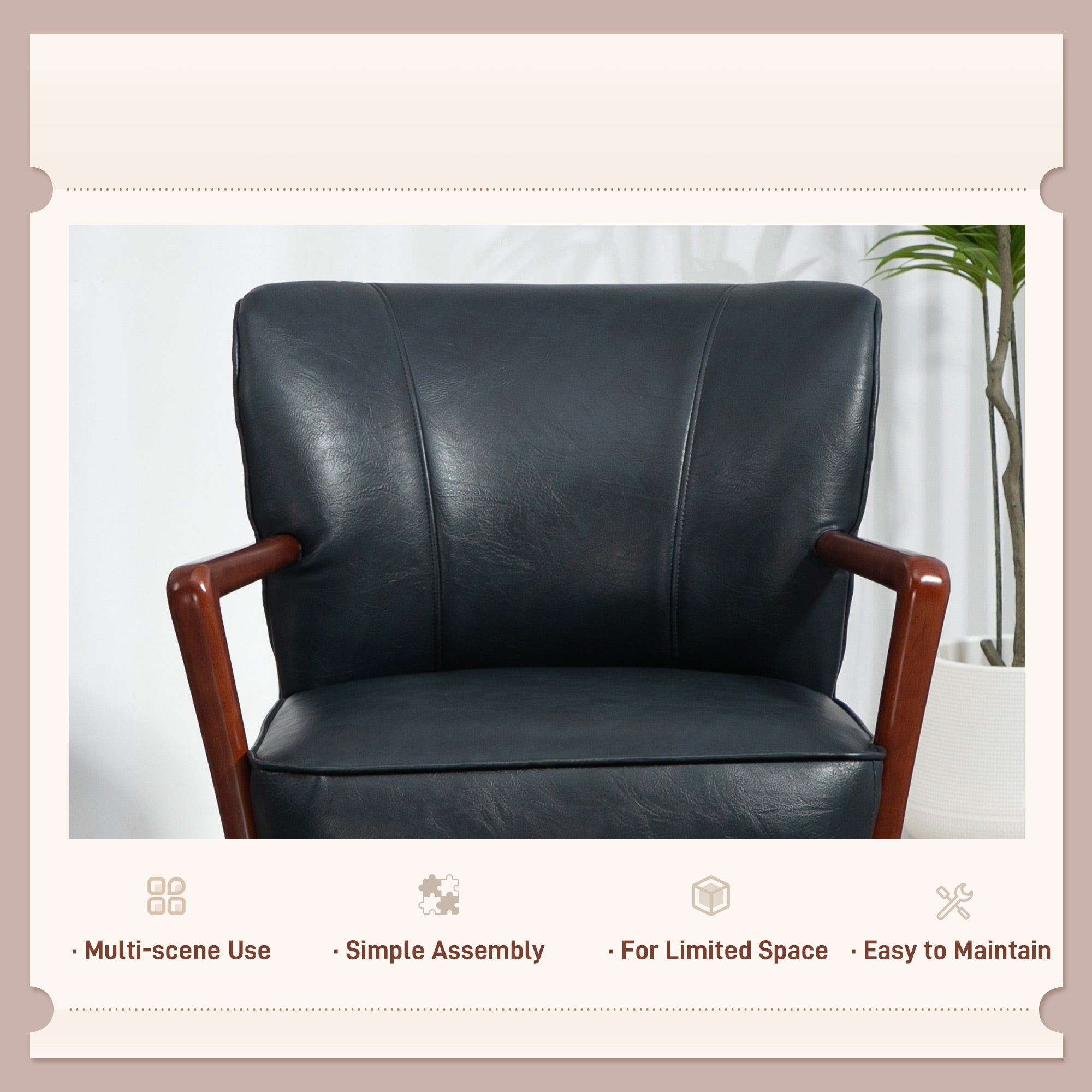 Modern Blue Accent Chair, Faux Leather, Wood Legs, Padded Seat-DECOROLALA