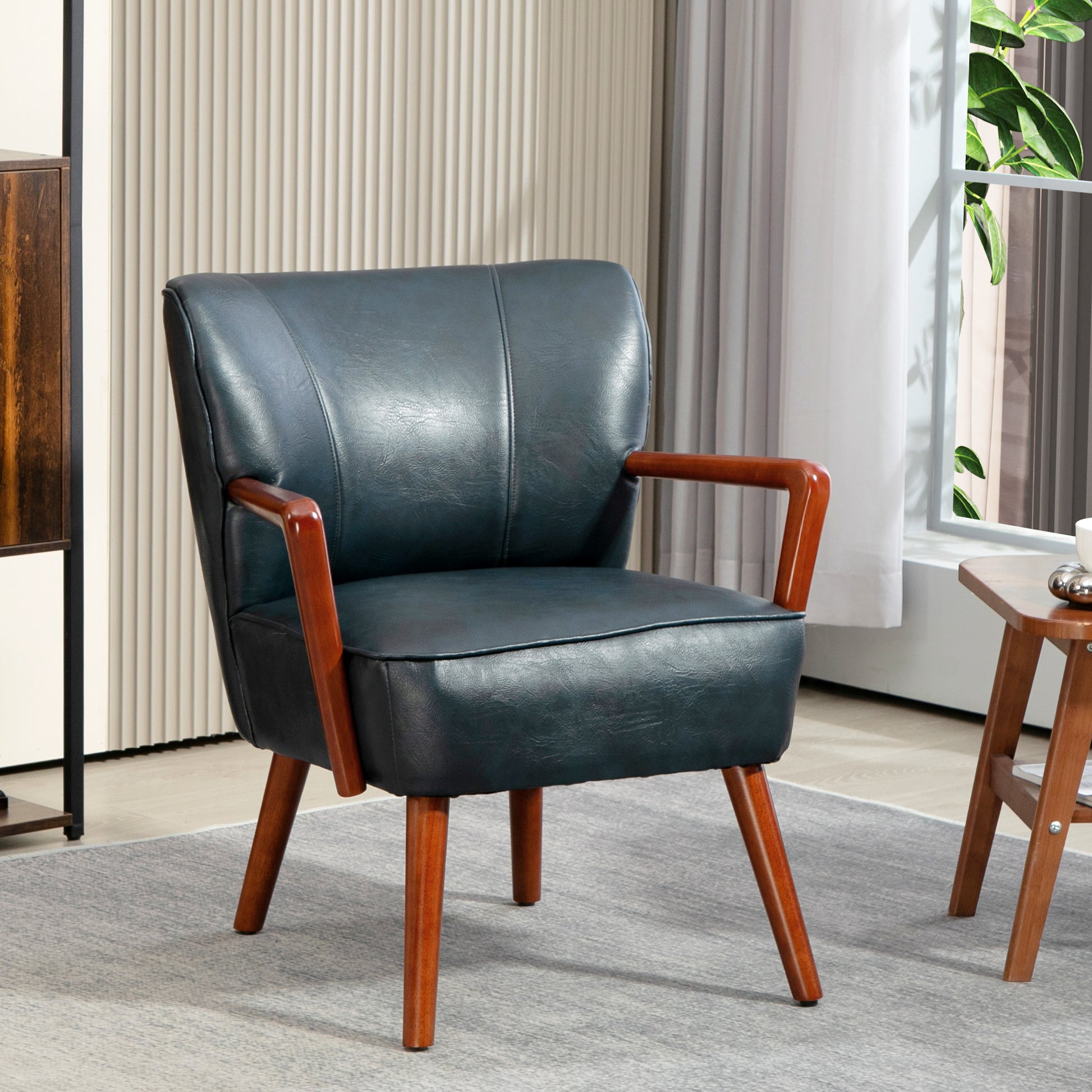 Modern Blue Accent Chair, Faux Leather, Wood Legs, Padded Seat-DECOROLALA