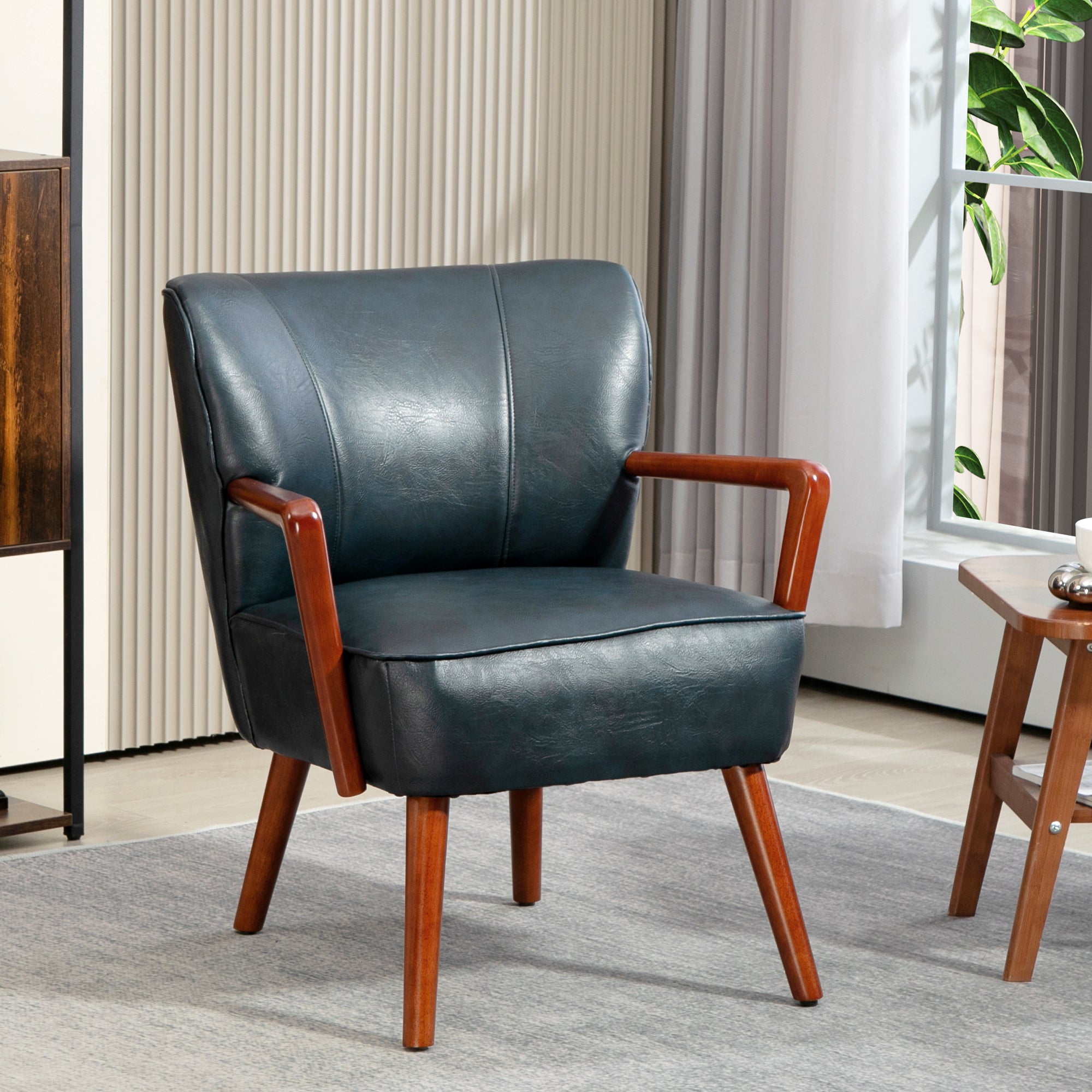 Modern Blue Accent Chair, Faux Leather, Wood Legs, Padded Seat-DECOROLALA