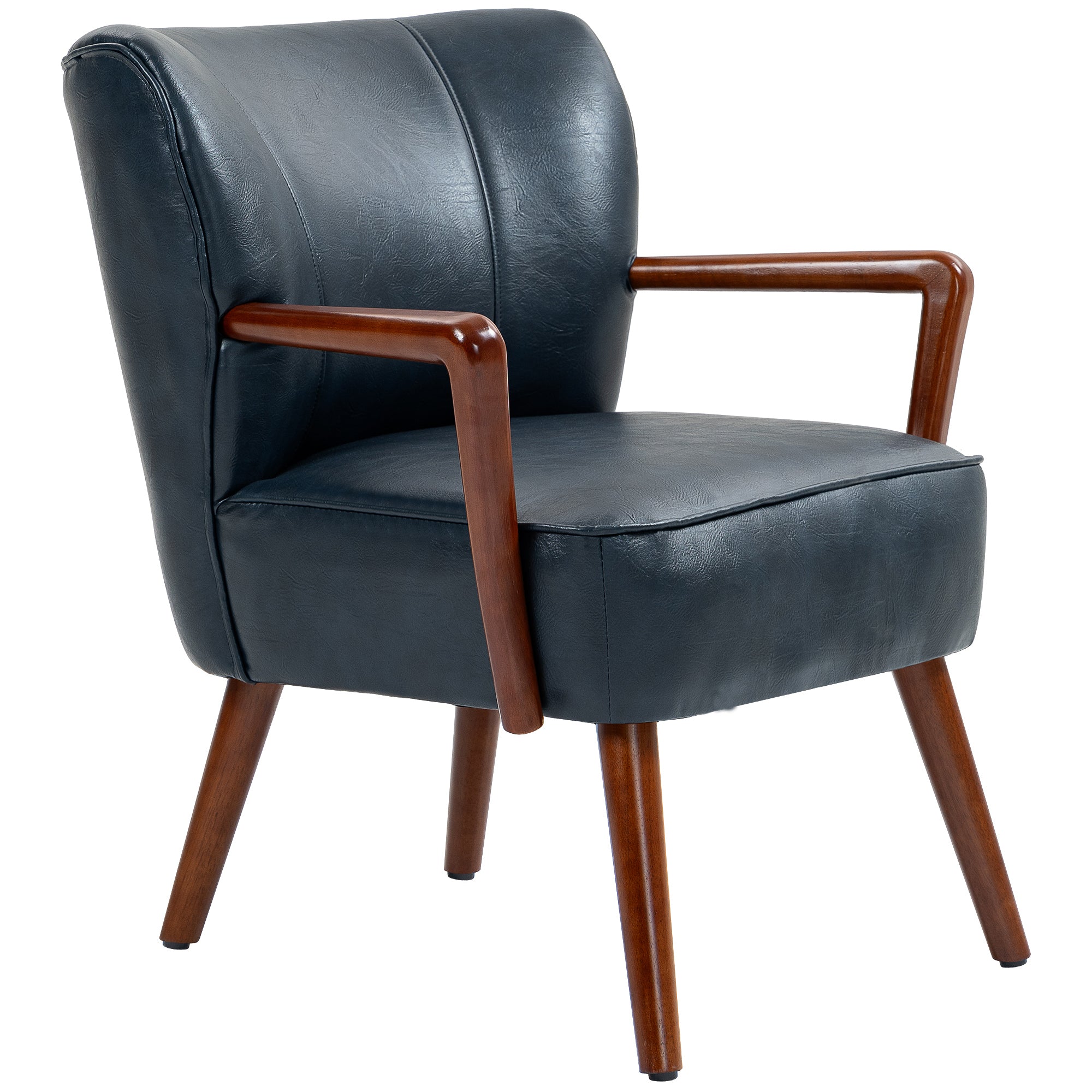 Modern Blue Accent Chair, Faux Leather, Wood Legs, Padded Seat-DECOROLALA