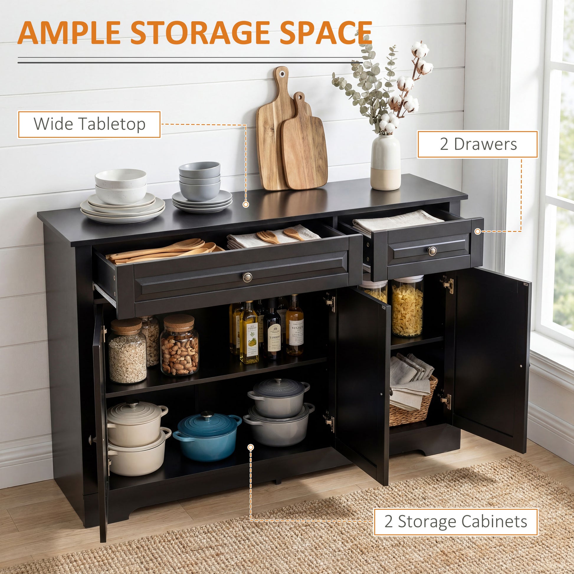 Modern Buffet Cabinet - 2 Drawers, Adjustable Shelves, Black-DECOROLALA