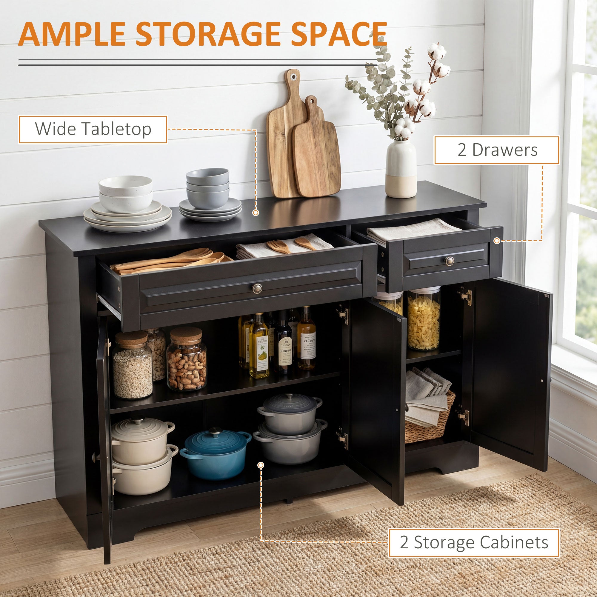 Modern Buffet Cabinet - 2 Drawers, Adjustable Shelves, Black-DECOROLALA