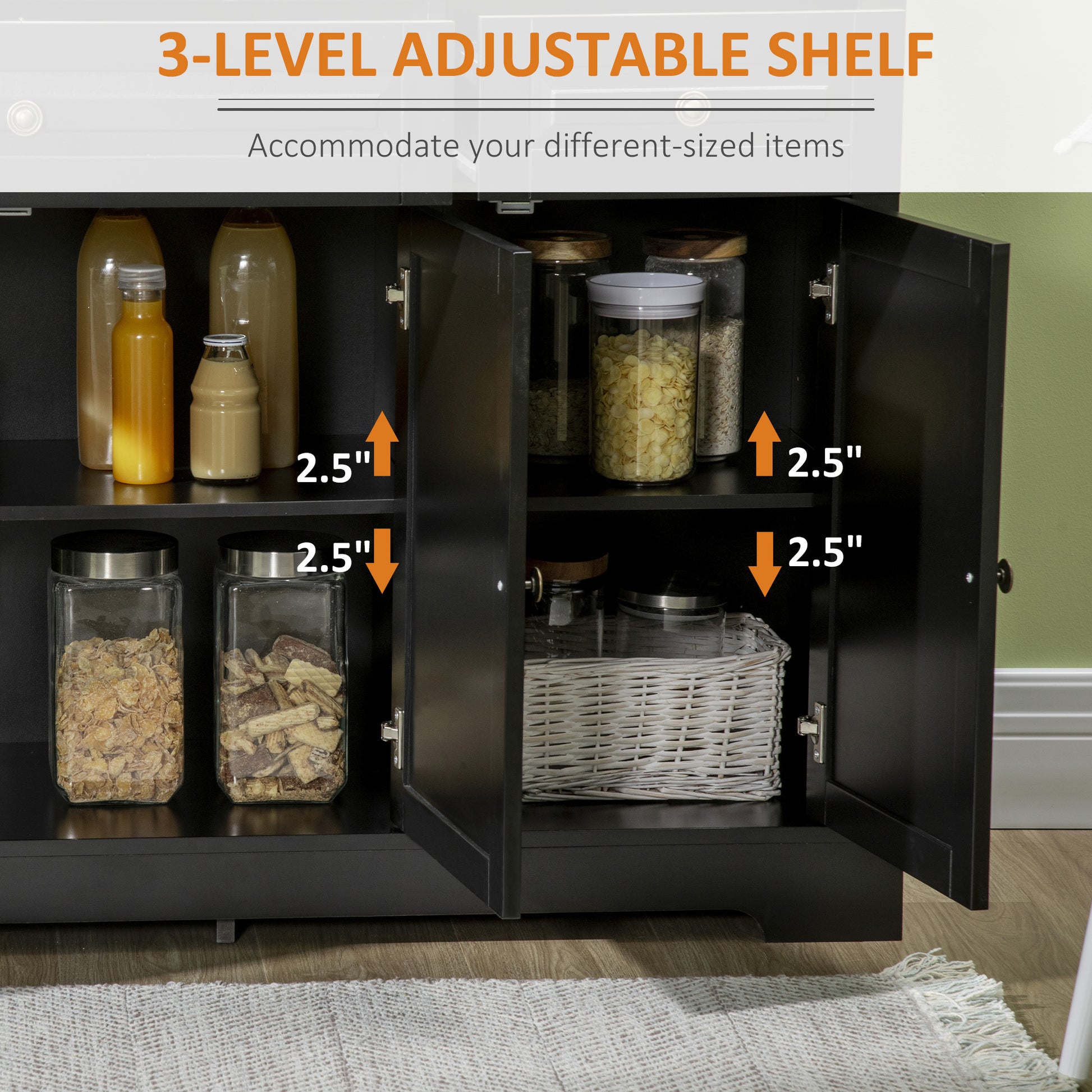 Modern Buffet Cabinet - 2 Drawers, Adjustable Shelves, Black-DECOROLALA