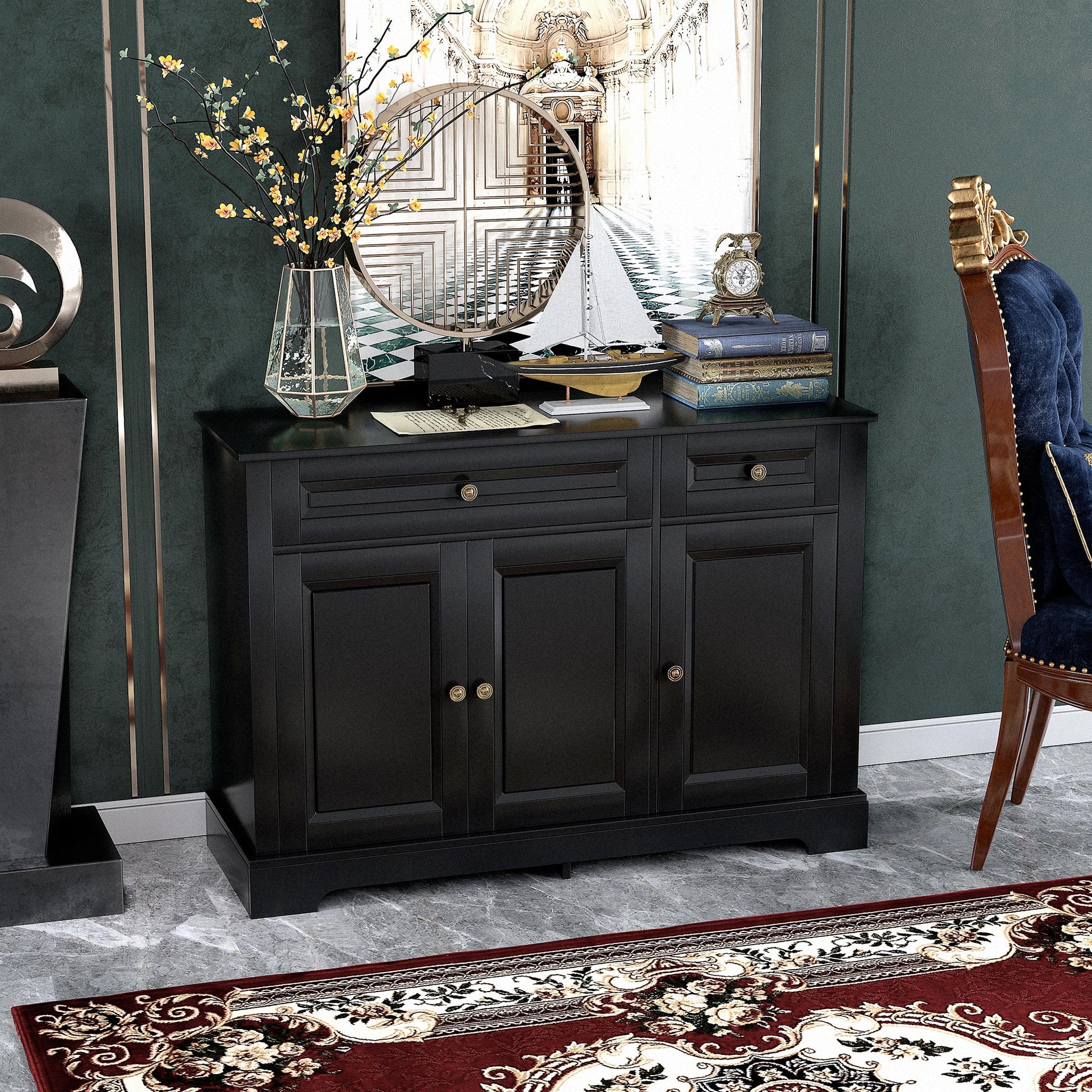 Modern Buffet Cabinet - 2 Drawers, Adjustable Shelves, Black-DECOROLALA