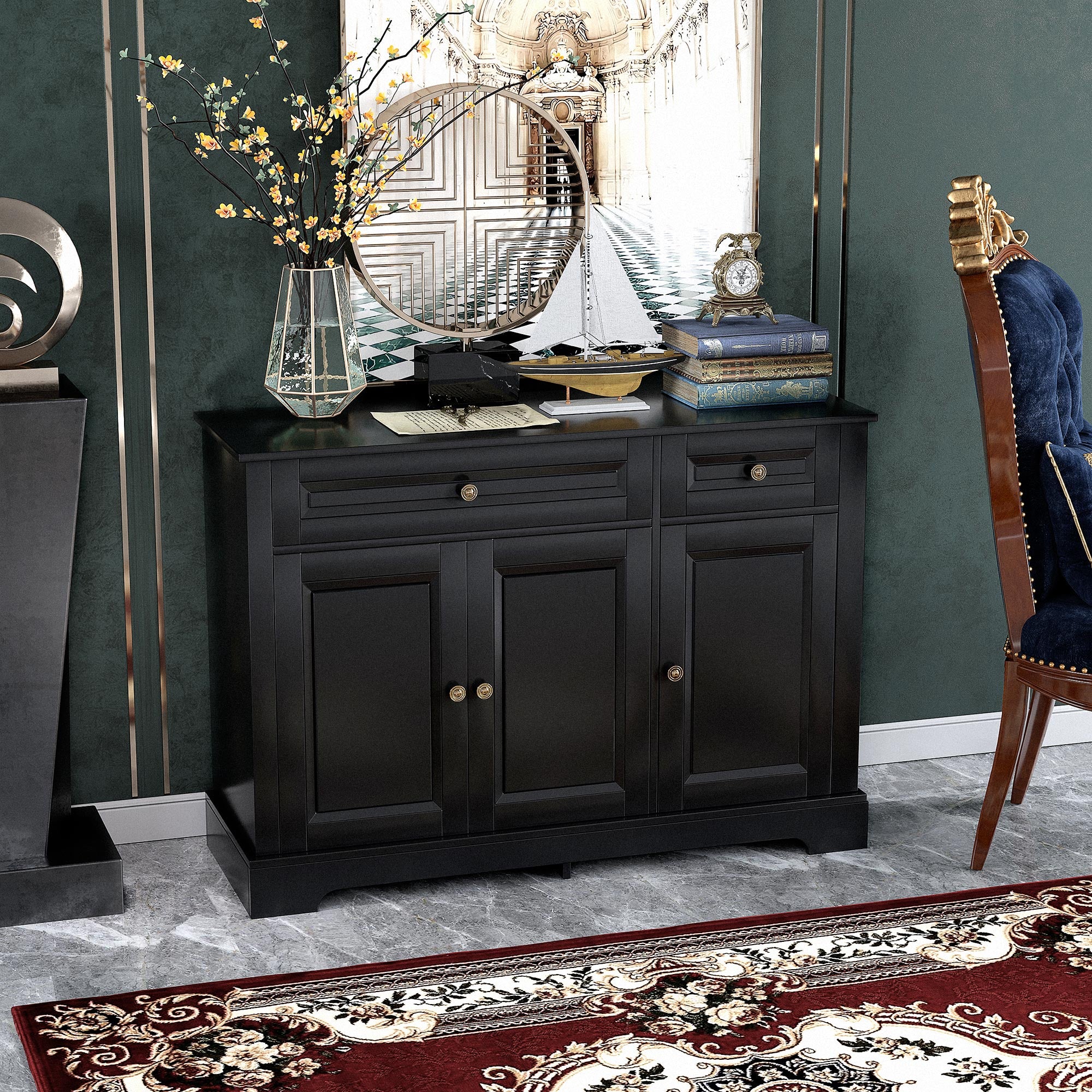 Modern Buffet Cabinet - 2 Drawers, Adjustable Shelves, Black-DECOROLALA