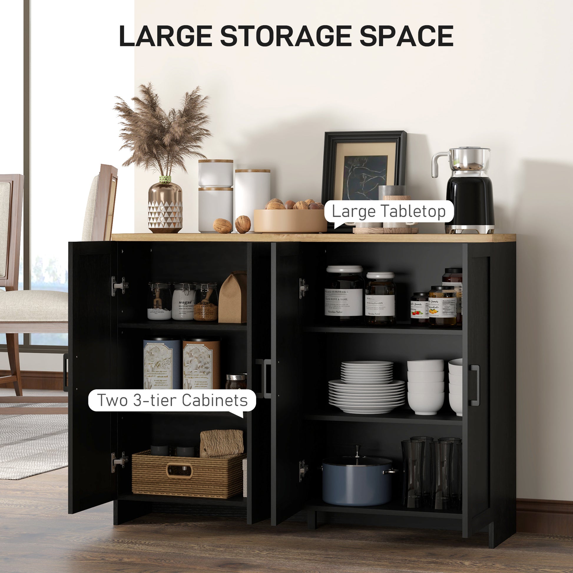 Modern Buffet Cabinet - 4 Doors, Adjustable Shelves, Dining Room Storage, Black-DECOROLALA
