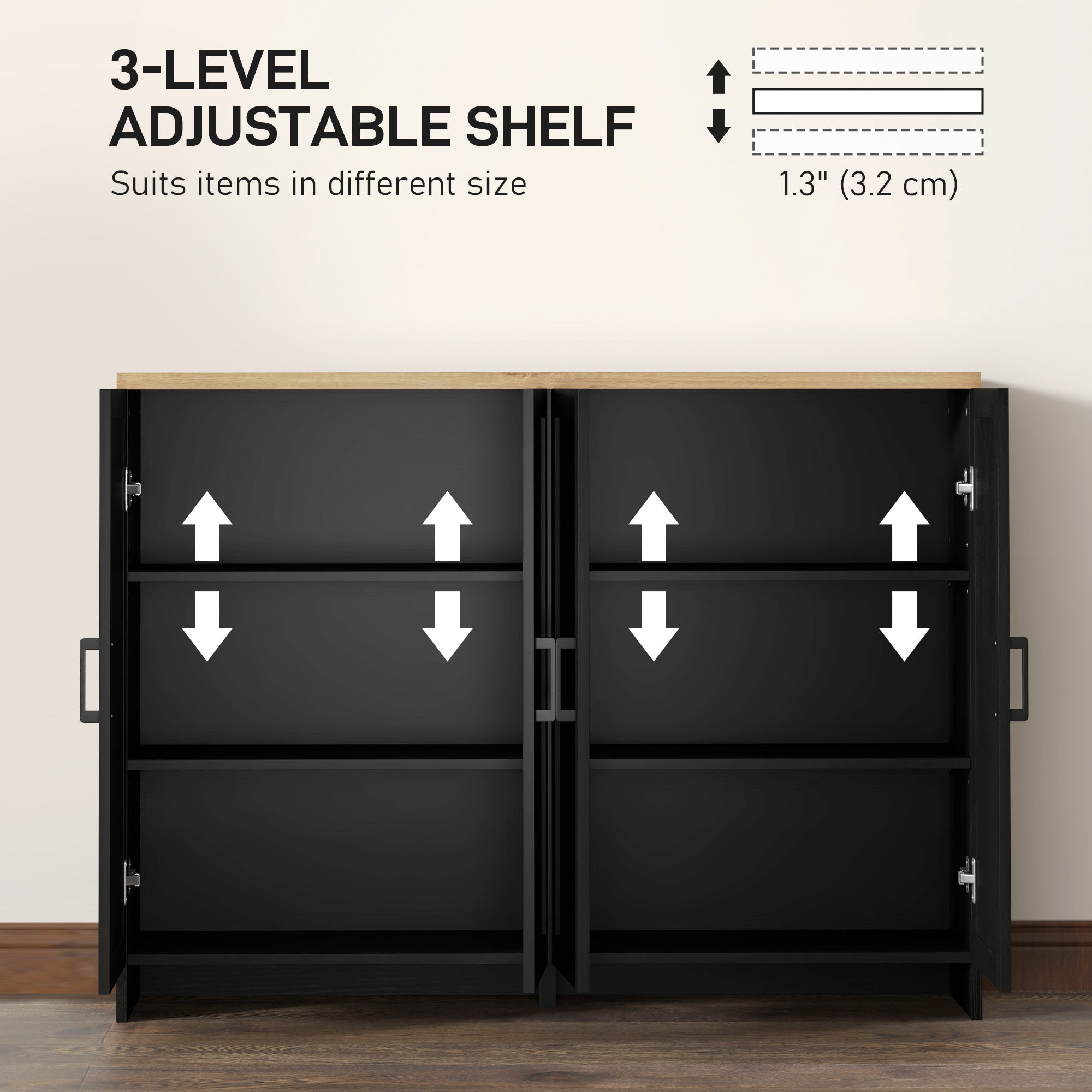 Modern Buffet Cabinet - 4 Doors, Adjustable Shelves, Dining Room Storage, Black-DECOROLALA