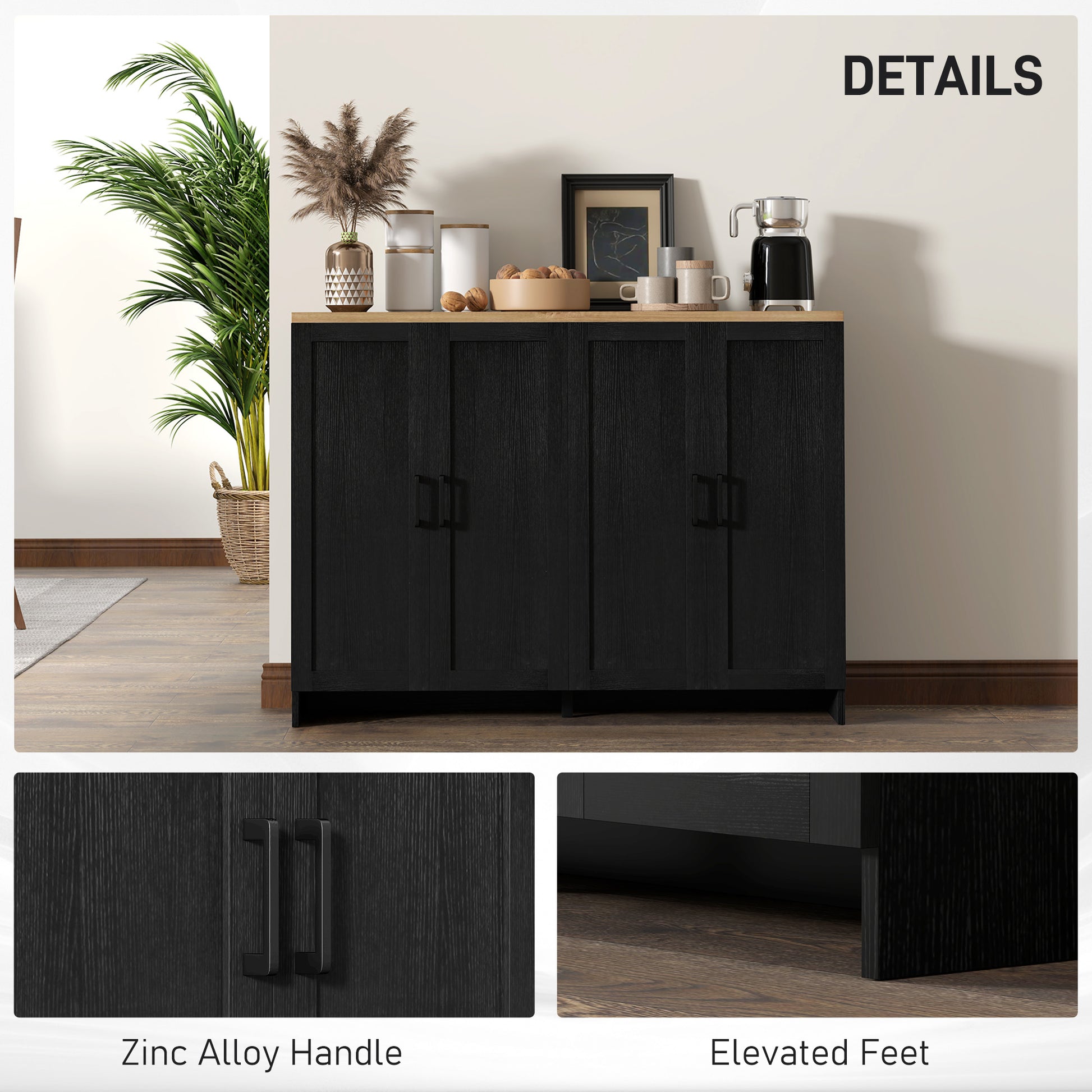 Modern Buffet Cabinet - 4 Doors, Adjustable Shelves, Dining Room Storage, Black-DECOROLALA