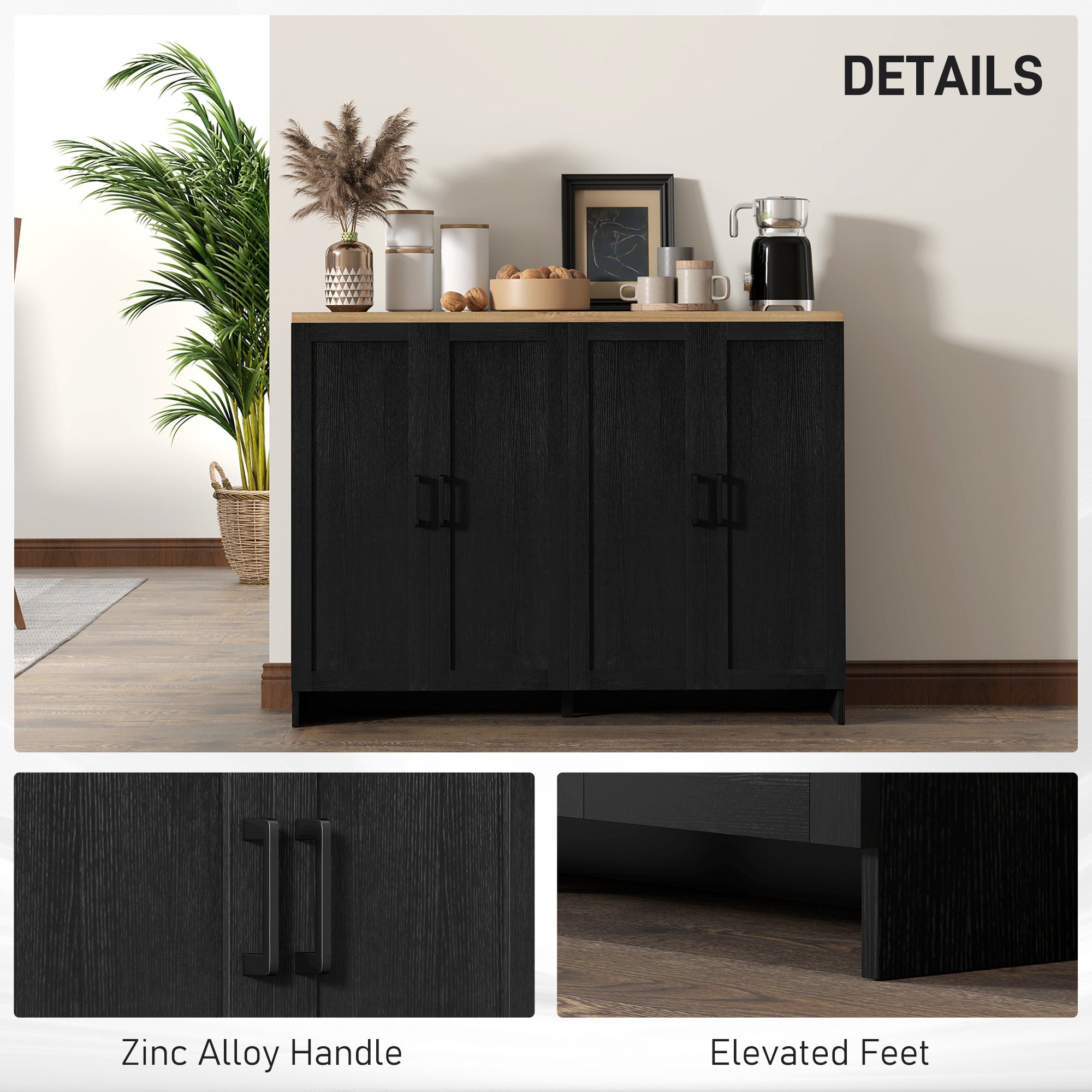 Modern Buffet Cabinet - 4 Doors, Adjustable Shelves, Dining Room Storage, Black-DECOROLALA