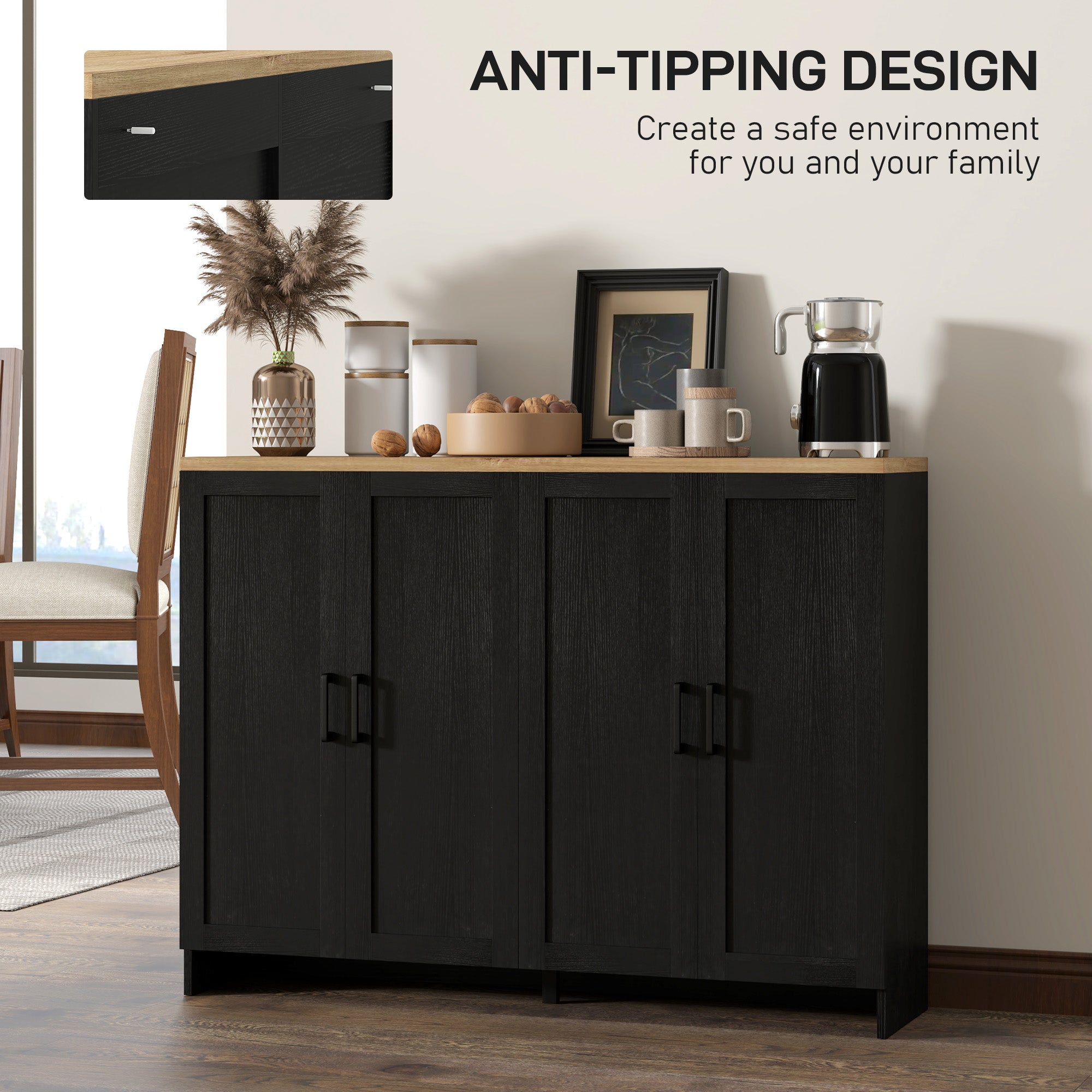 Modern Buffet Cabinet - 4 Doors, Adjustable Shelves, Dining Room Storage, Black-DECOROLALA