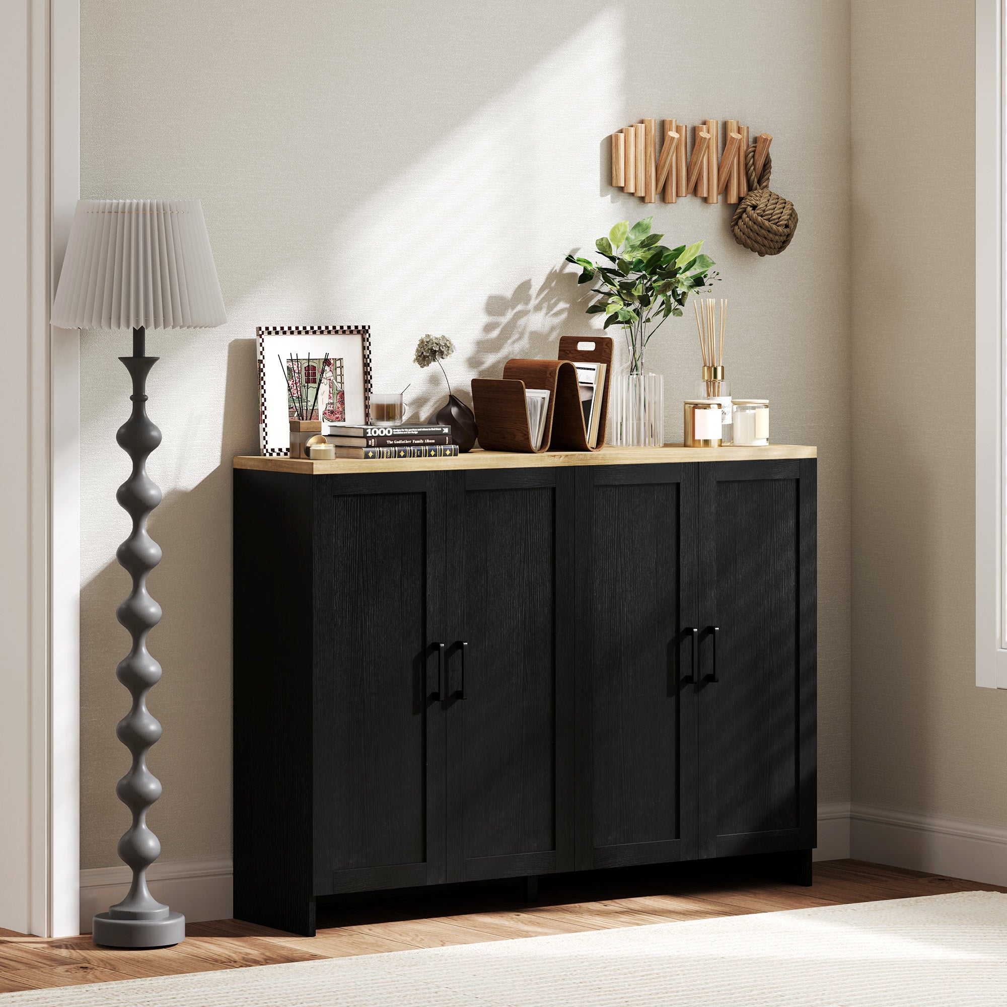 Modern Buffet Cabinet - 4 Doors, Adjustable Shelves, Dining Room Storage, Black-DECOROLALA