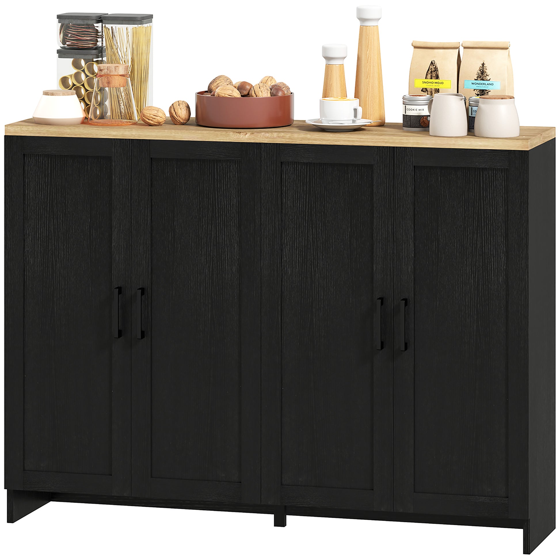 Modern Buffet Cabinet - 4 Doors, Adjustable Shelves, Dining Room Storage, Black-DECOROLALA