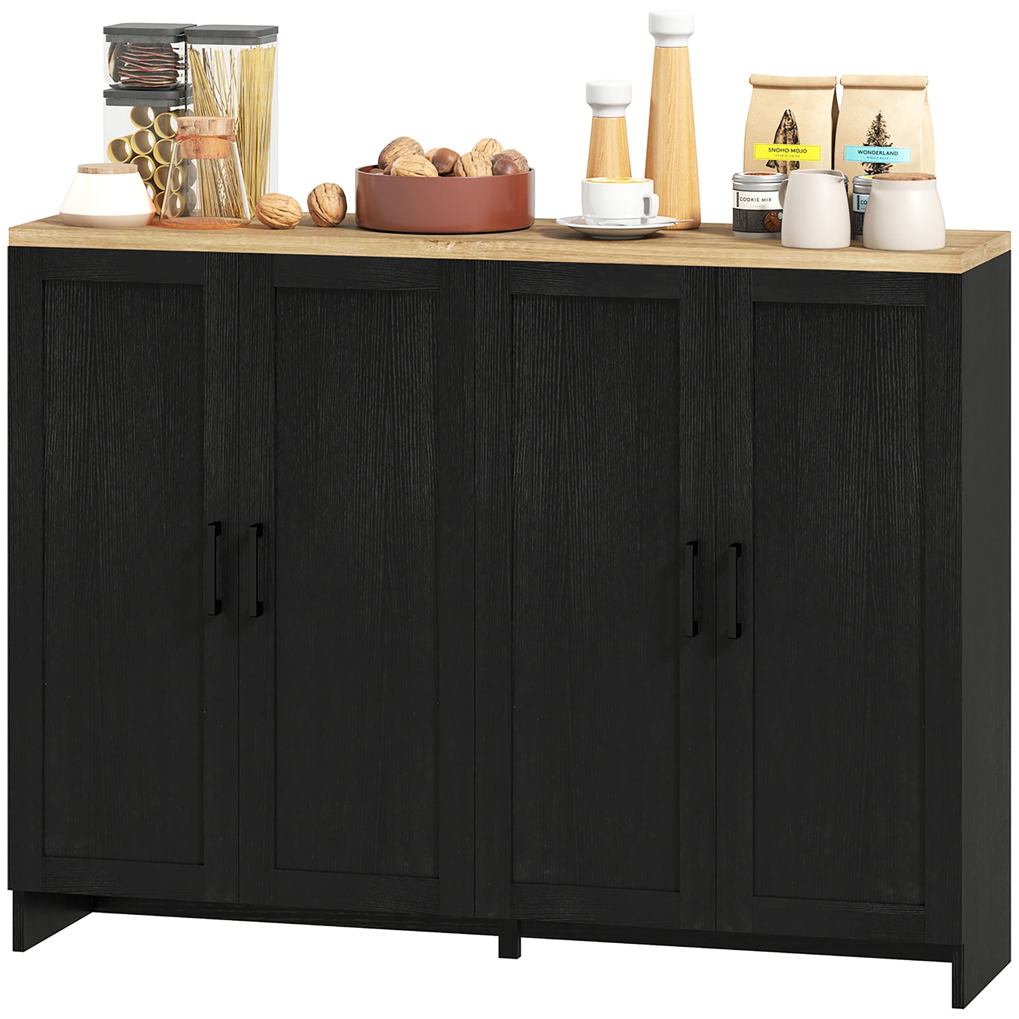 Modern Buffet Cabinet - 4 Doors, Adjustable Shelves, Dining Room Storage, Black-DECOROLALA