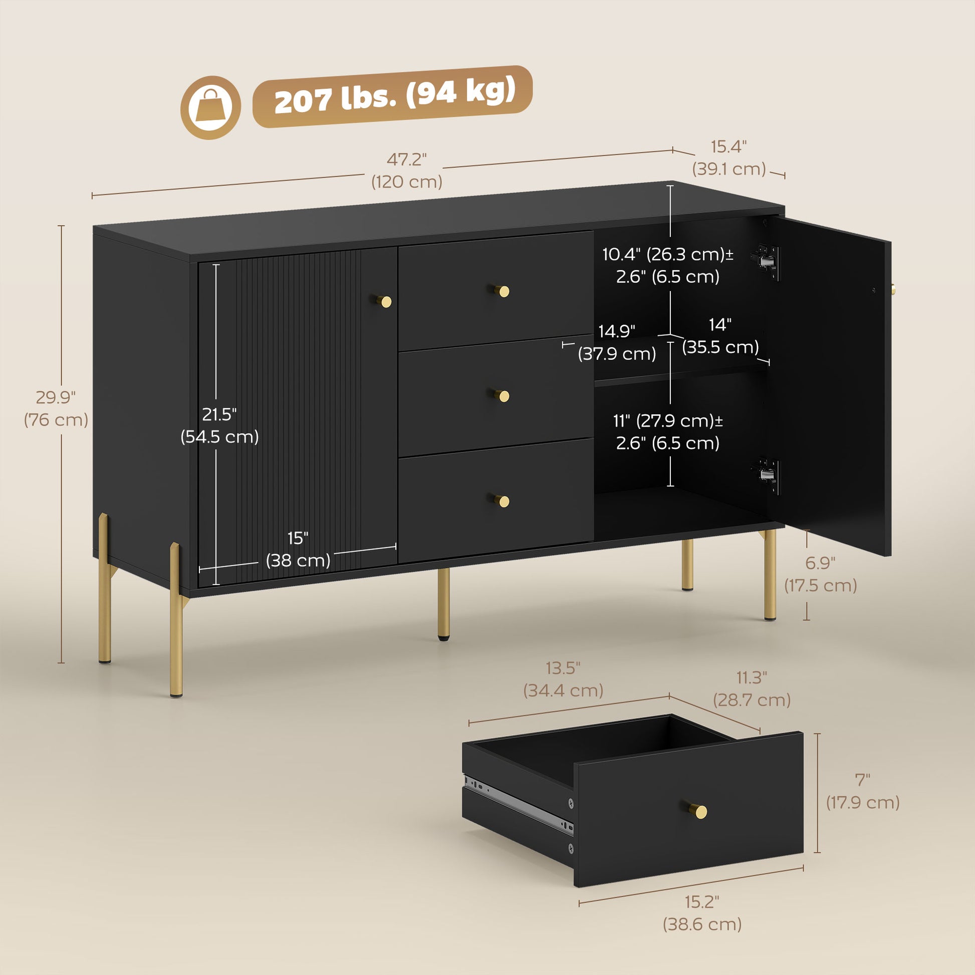 Modern Buffet Cabinet Sideboard - Black & Gold 47"-DECOROLALA