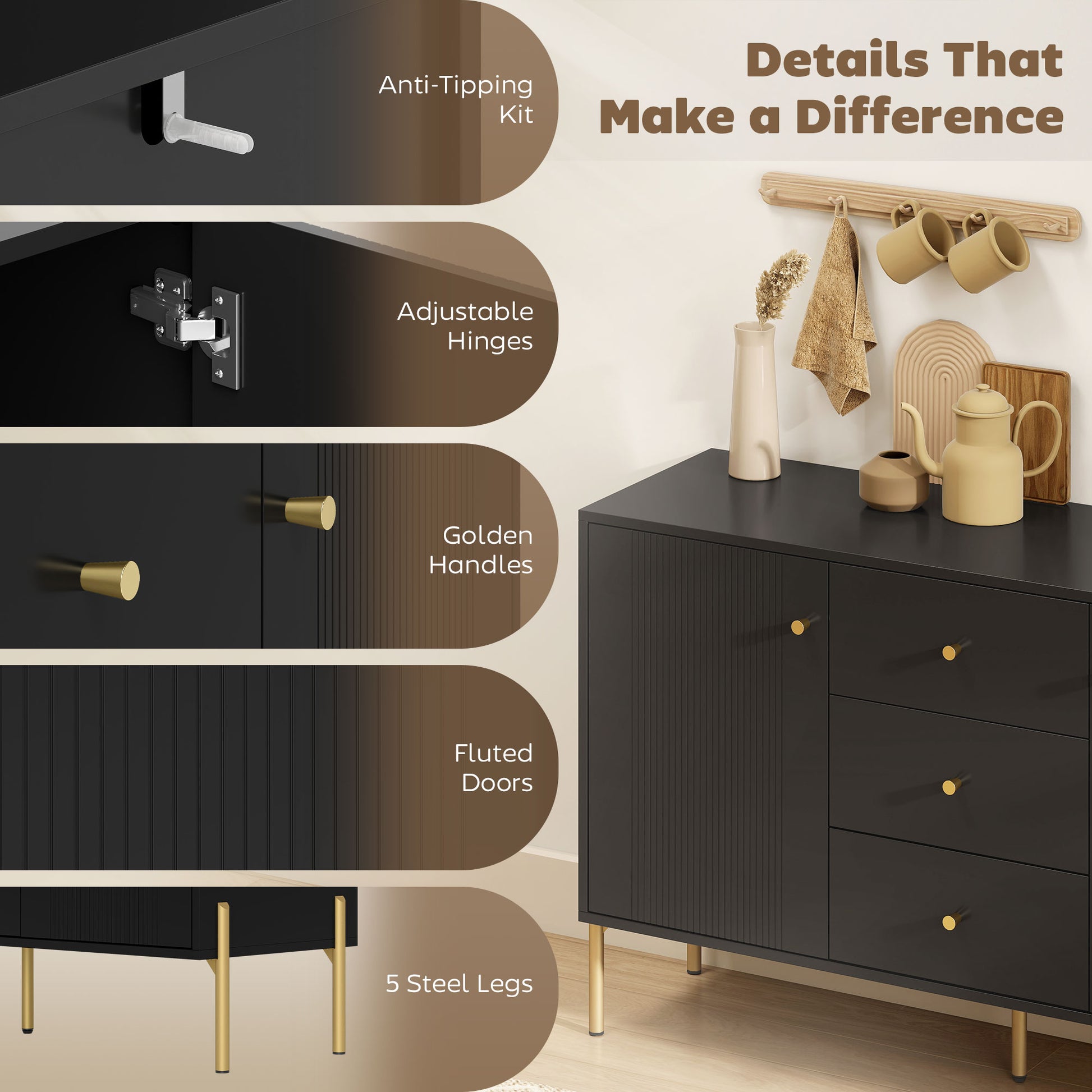 Modern Buffet Cabinet Sideboard - Black & Gold 47"-DECOROLALA