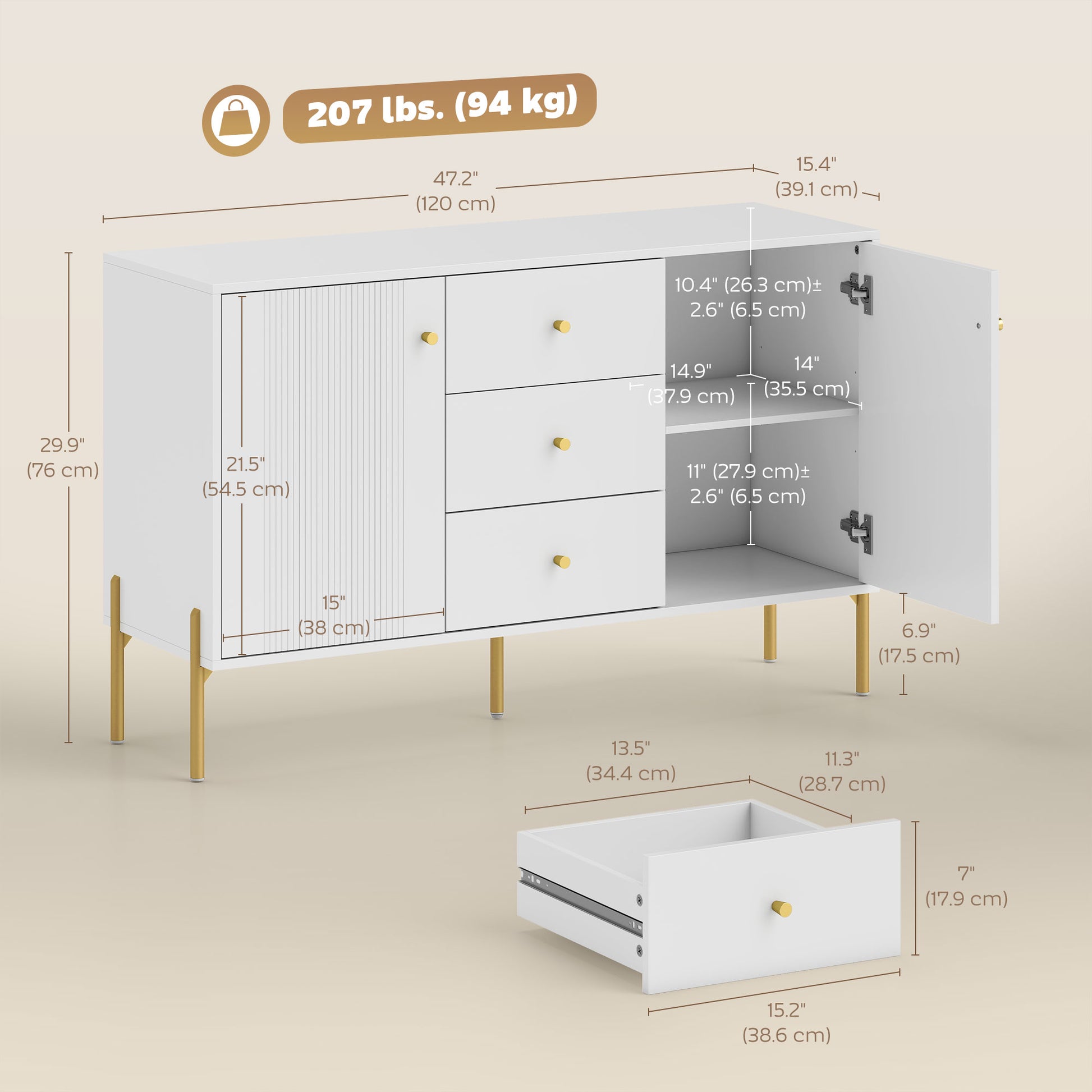 Modern Buffet Cabinet Sideboard - White and Gold 47"-DECOROLALA