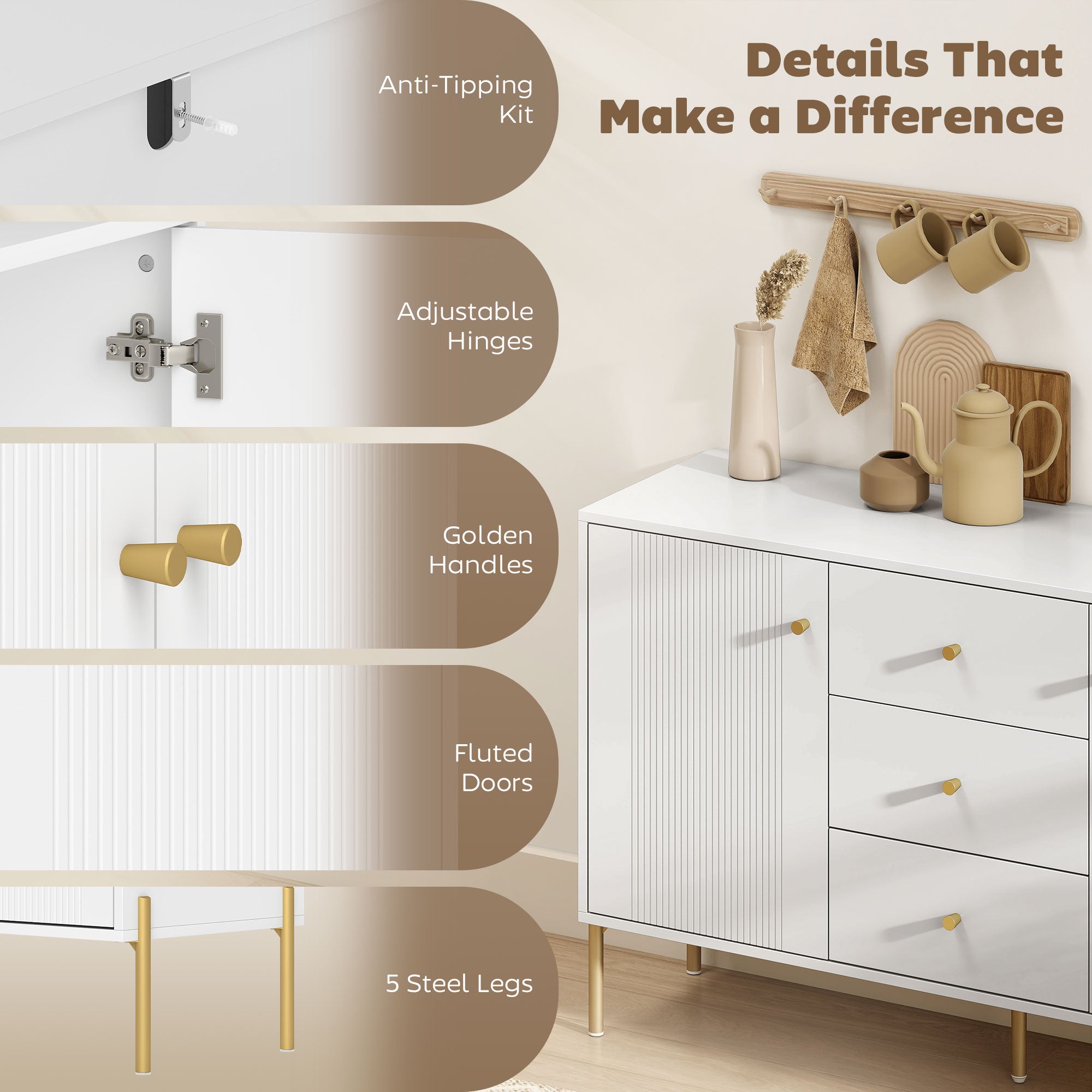 Modern Buffet Cabinet Sideboard - White and Gold 47"-DECOROLALA