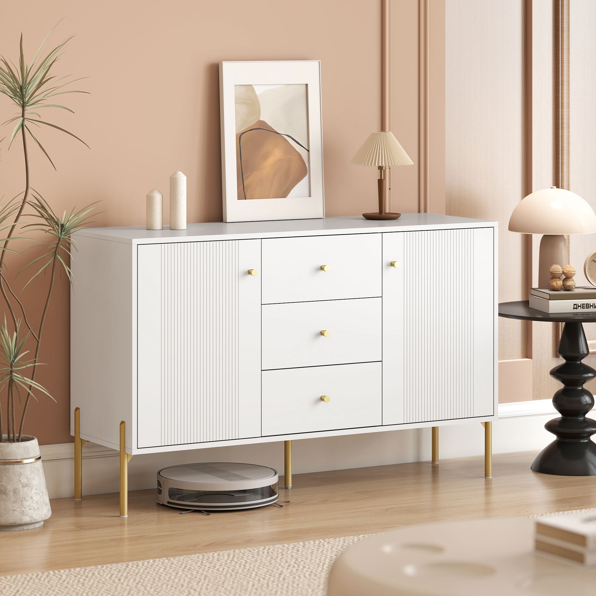 Modern Buffet Cabinet Sideboard - White and Gold 47"-DECOROLALA