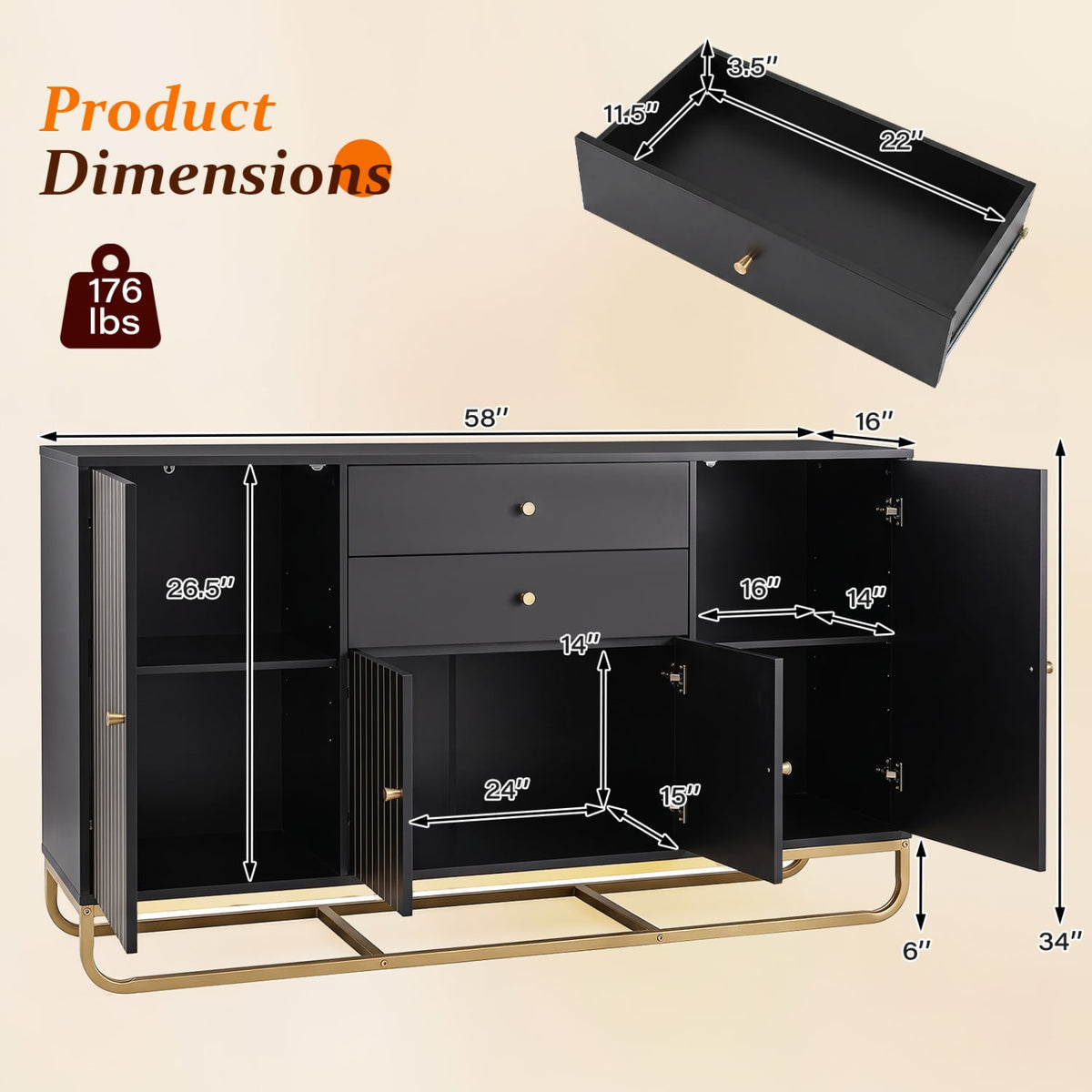 Modern Buffet Sideboard Cabinet w/ 2 Drawers & Adjustable Shelves for Dining Room-Black-Sideboards & Buffets-DECOROLALA
