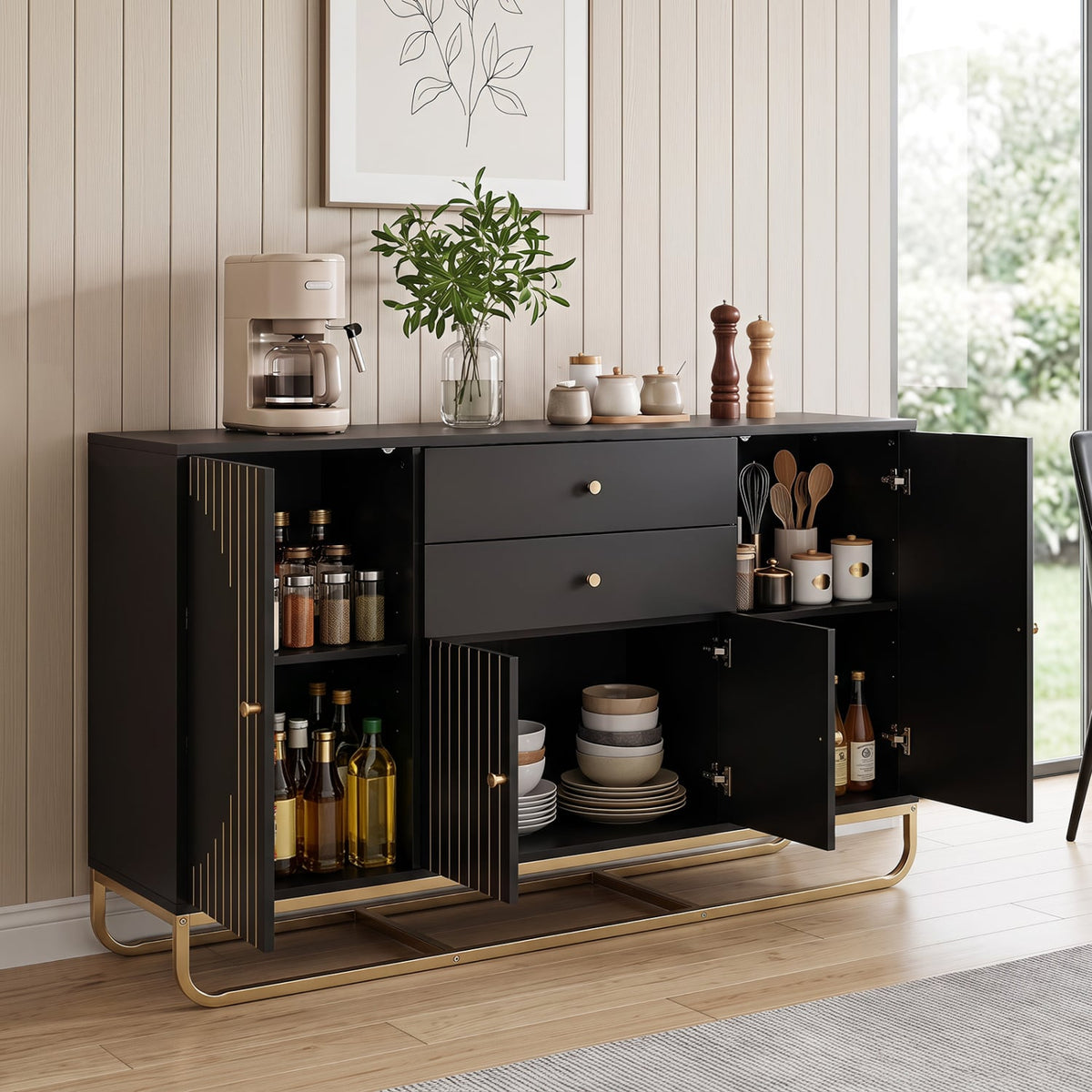 Modern Buffet Sideboard Cabinet w/ 2 Drawers & Adjustable Shelves for Dining Room-Black-Sideboards & Buffets-DECOROLALA