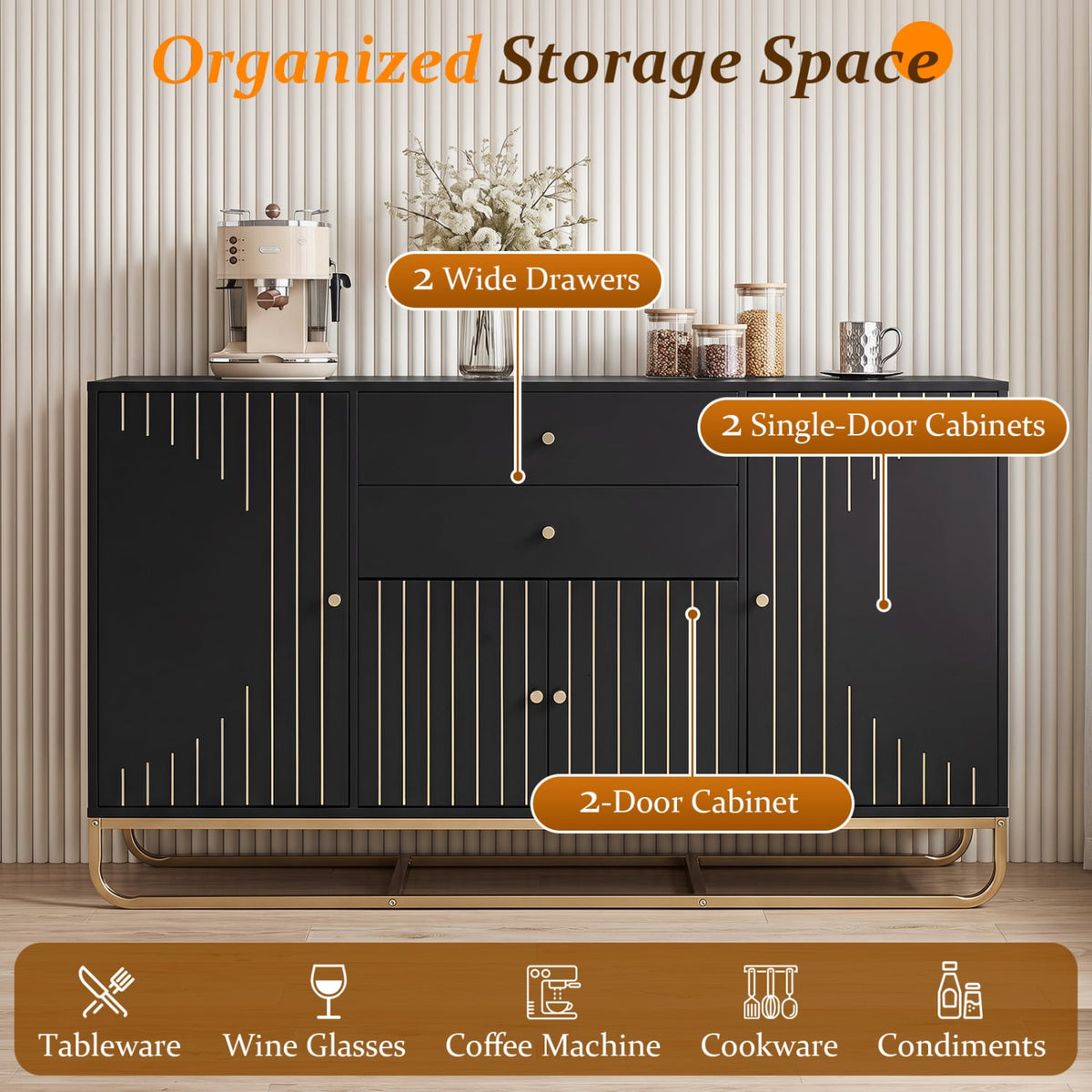 Modern Buffet Sideboard Cabinet w/ 2 Drawers & Adjustable Shelves for Dining Room-Black-Sideboards & Buffets-DECOROLALA