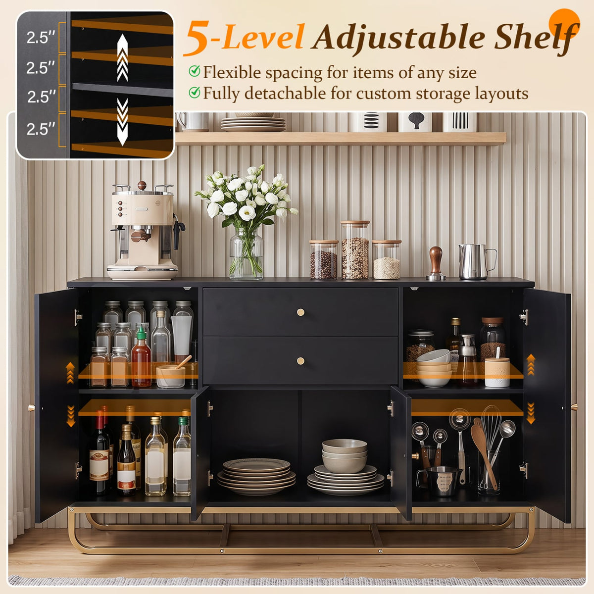 Modern Buffet Sideboard Cabinet w/ 2 Drawers & Adjustable Shelves for Dining Room-Black-Sideboards & Buffets-DECOROLALA