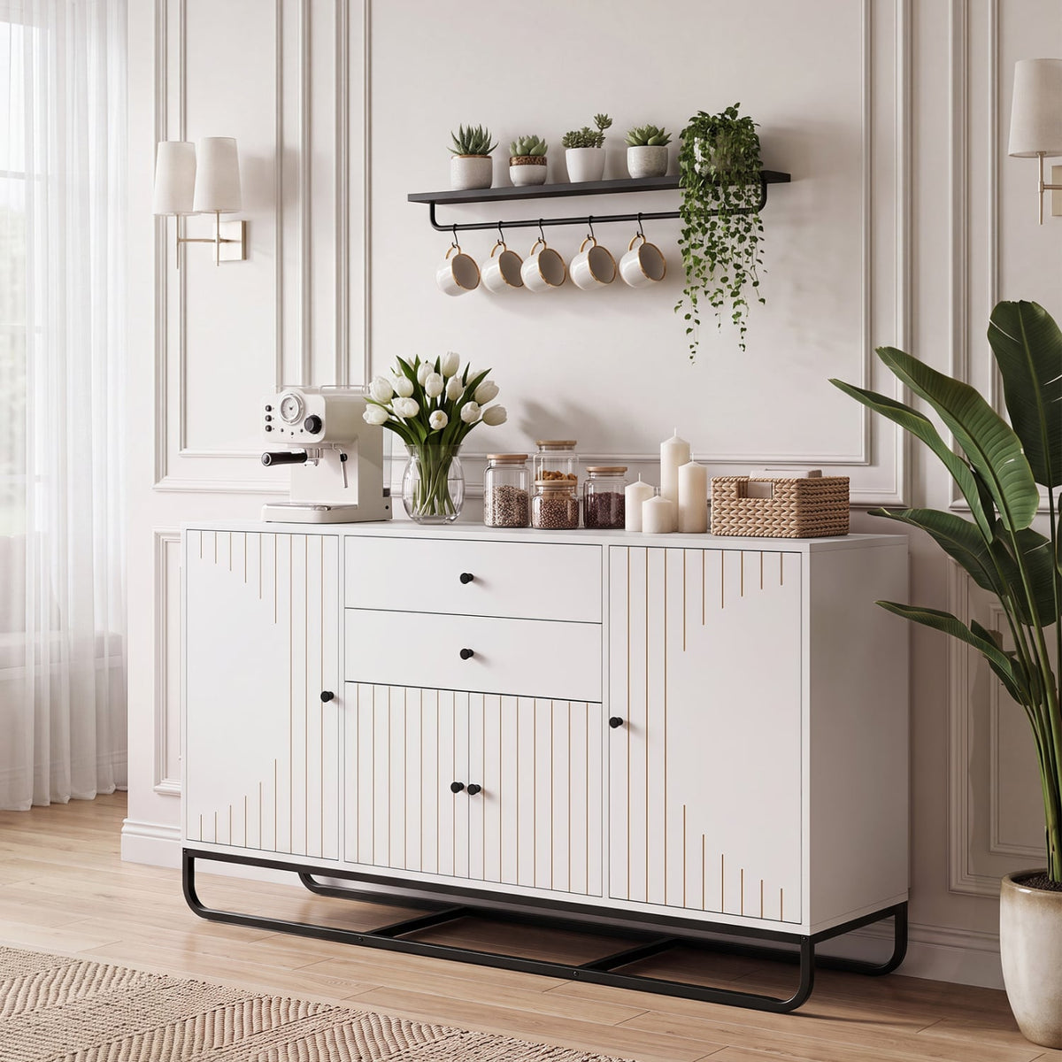 Modern Buffet Sideboard Cabinet w/ 2 Drawers & Adjustable Shelves for Dining Room-White-Sideboards & Buffets-DECOROLALA