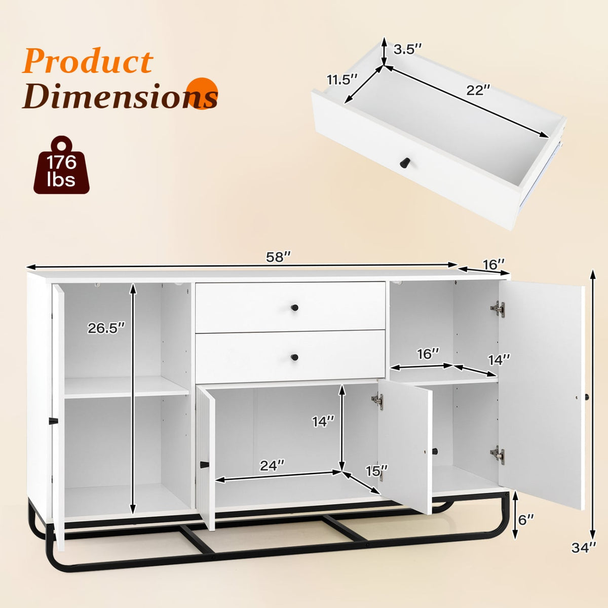Modern Buffet Sideboard Cabinet w/ 2 Drawers & Adjustable Shelves for Dining Room-White-Sideboards & Buffets-DECOROLALA