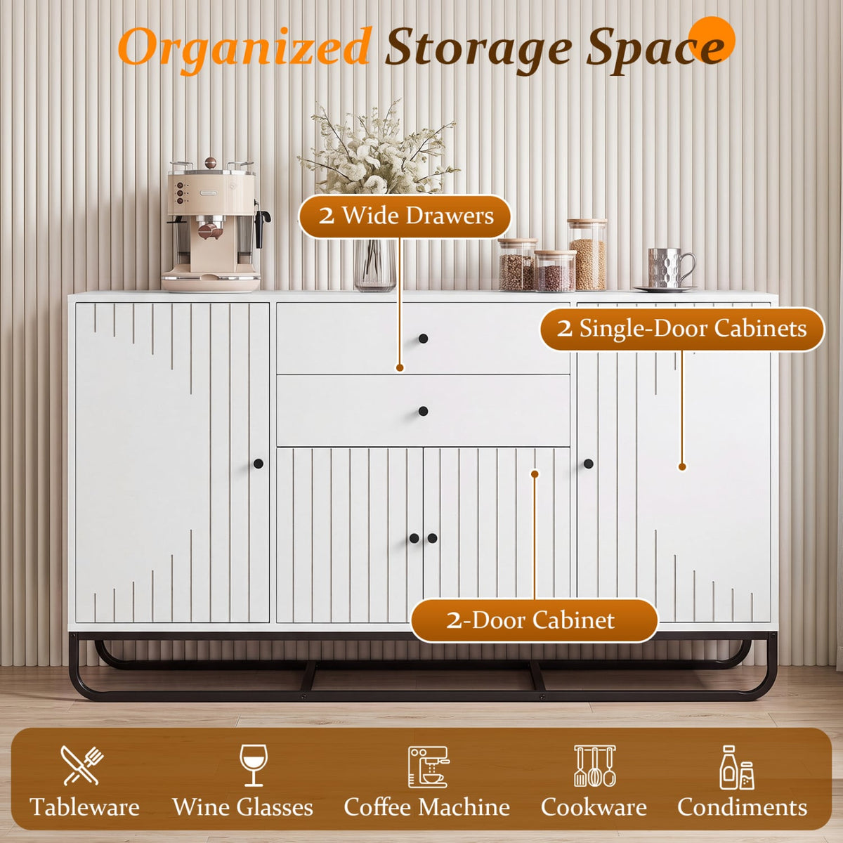Modern Buffet Sideboard Cabinet w/ 2 Drawers & Adjustable Shelves for Dining Room-White-Sideboards & Buffets-DECOROLALA