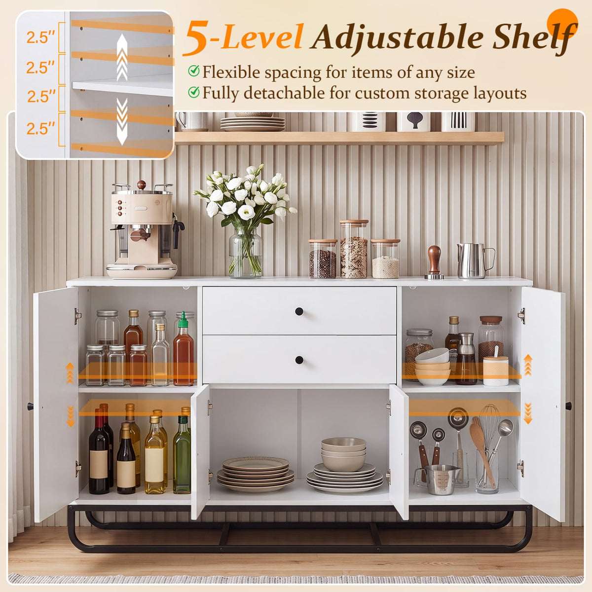 Modern Buffet Sideboard Cabinet w/ 2 Drawers & Adjustable Shelves for Dining Room-White-Sideboards & Buffets-DECOROLALA