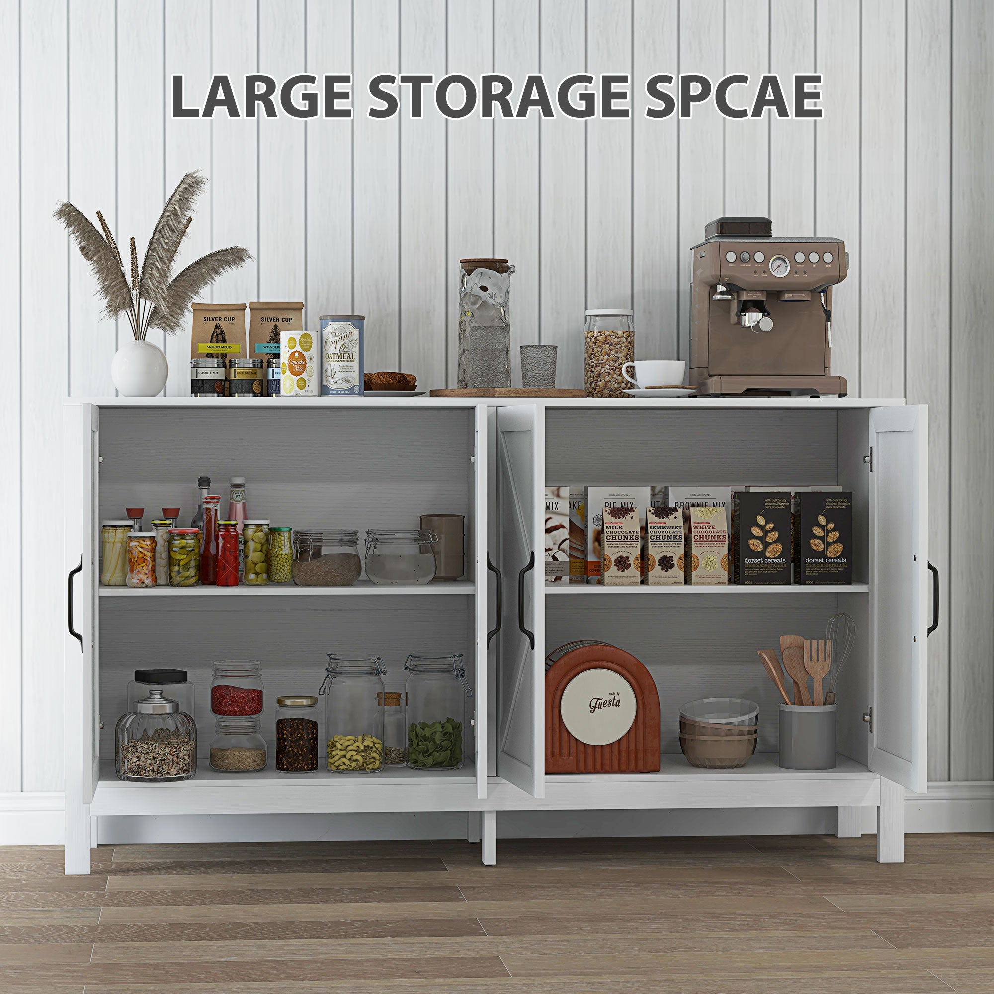 Modern Buffet Storage Cabinet - Barn Door, Adjustable Shelf, White, TV Up to 65"-DECOROLALA