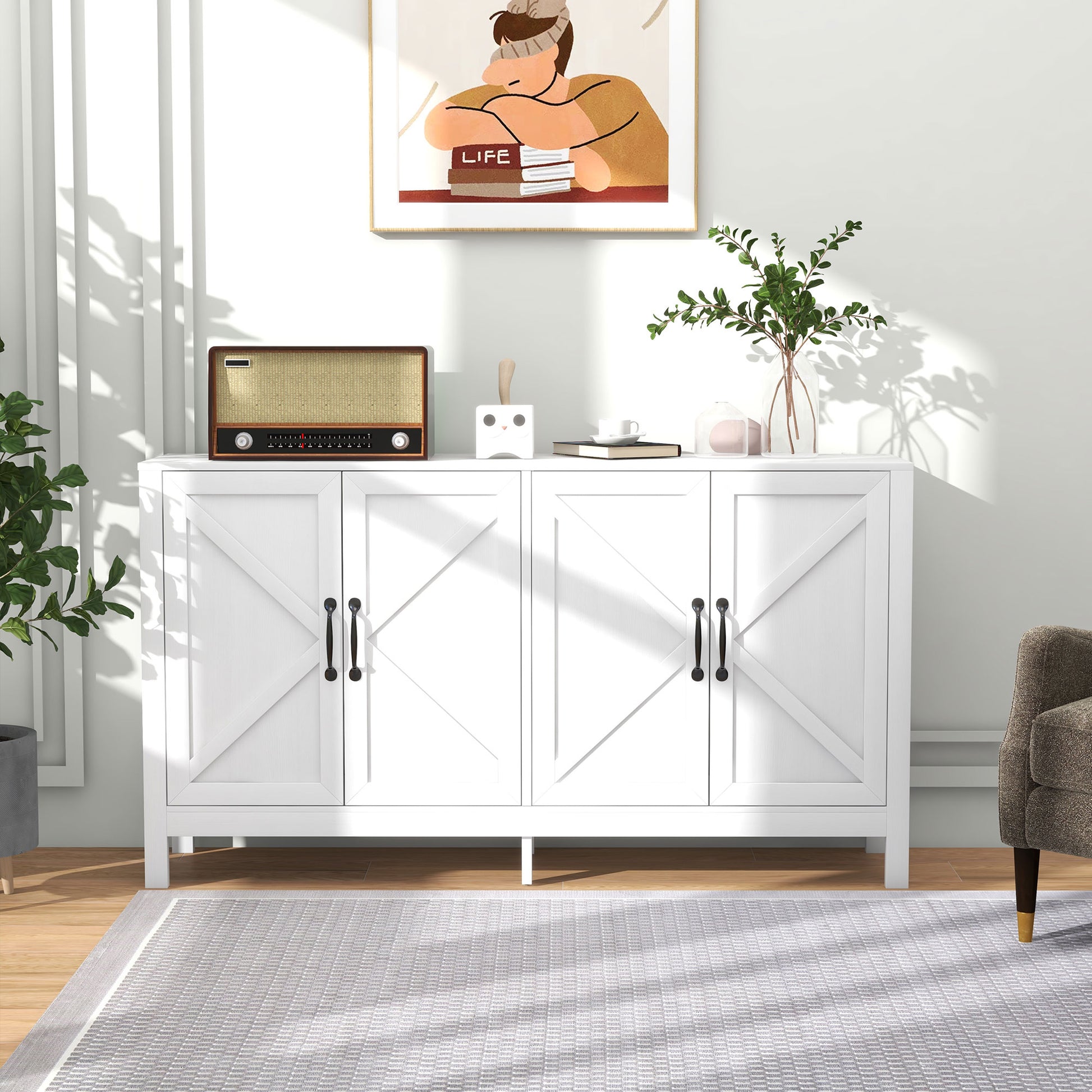 Modern Buffet Storage Cabinet - Barn Door, Adjustable Shelf, White, TV Up to 65"-DECOROLALA