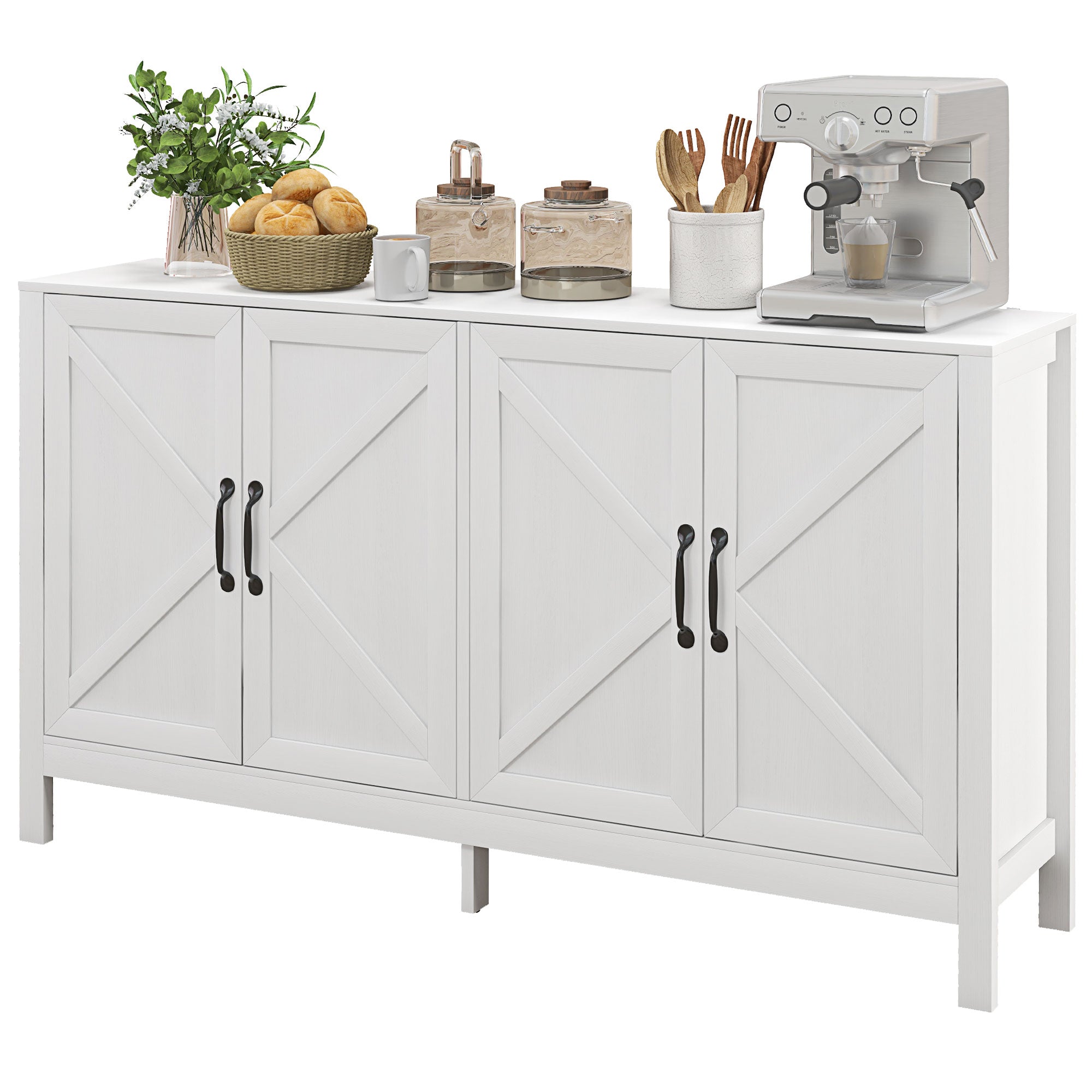 Modern Buffet Storage Cabinet - Barn Door, Adjustable Shelf, White, TV Up to 65"-DECOROLALA