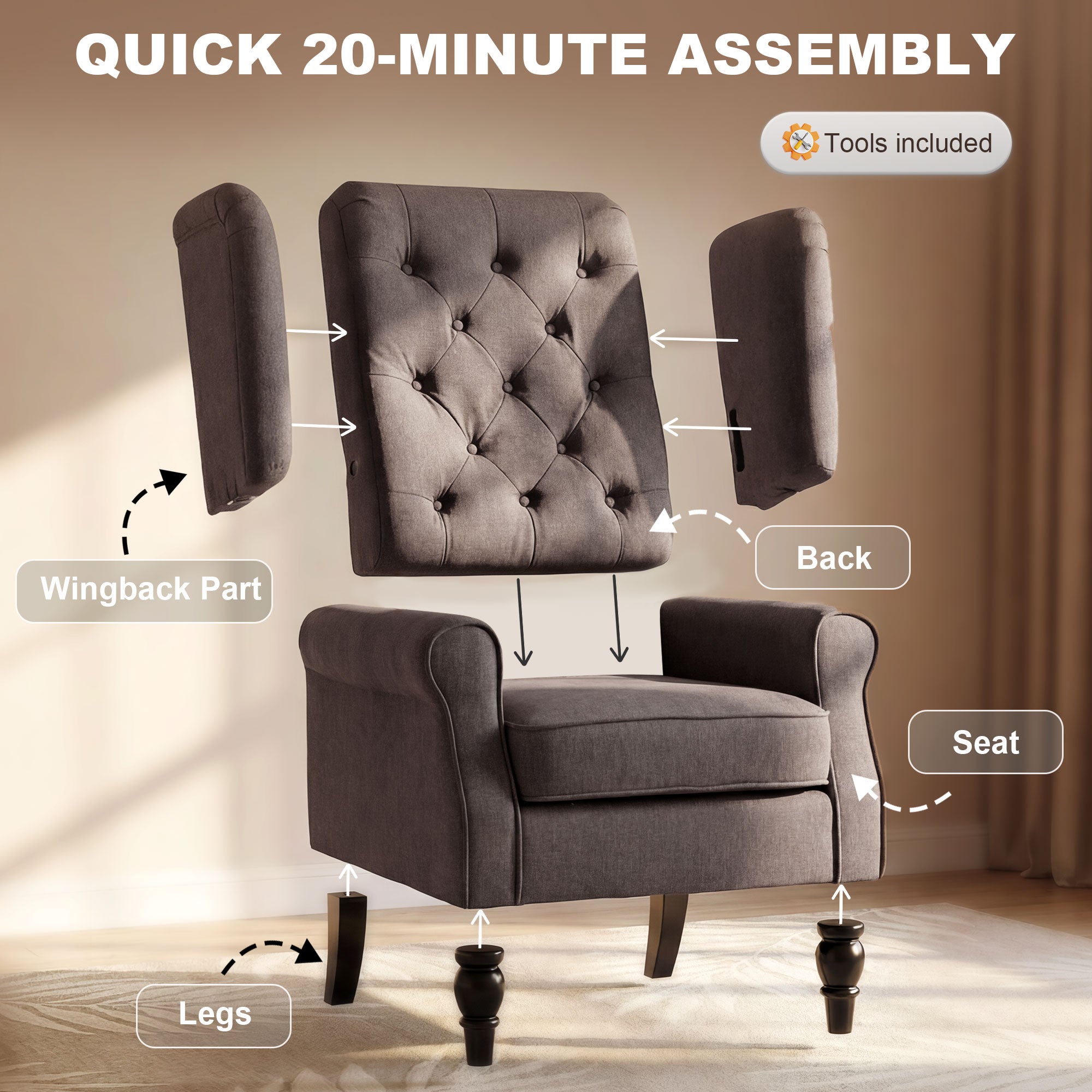 Modern Button-Tufted Accent Chair, Large Brown Living Room Wingback-DECOROLALA