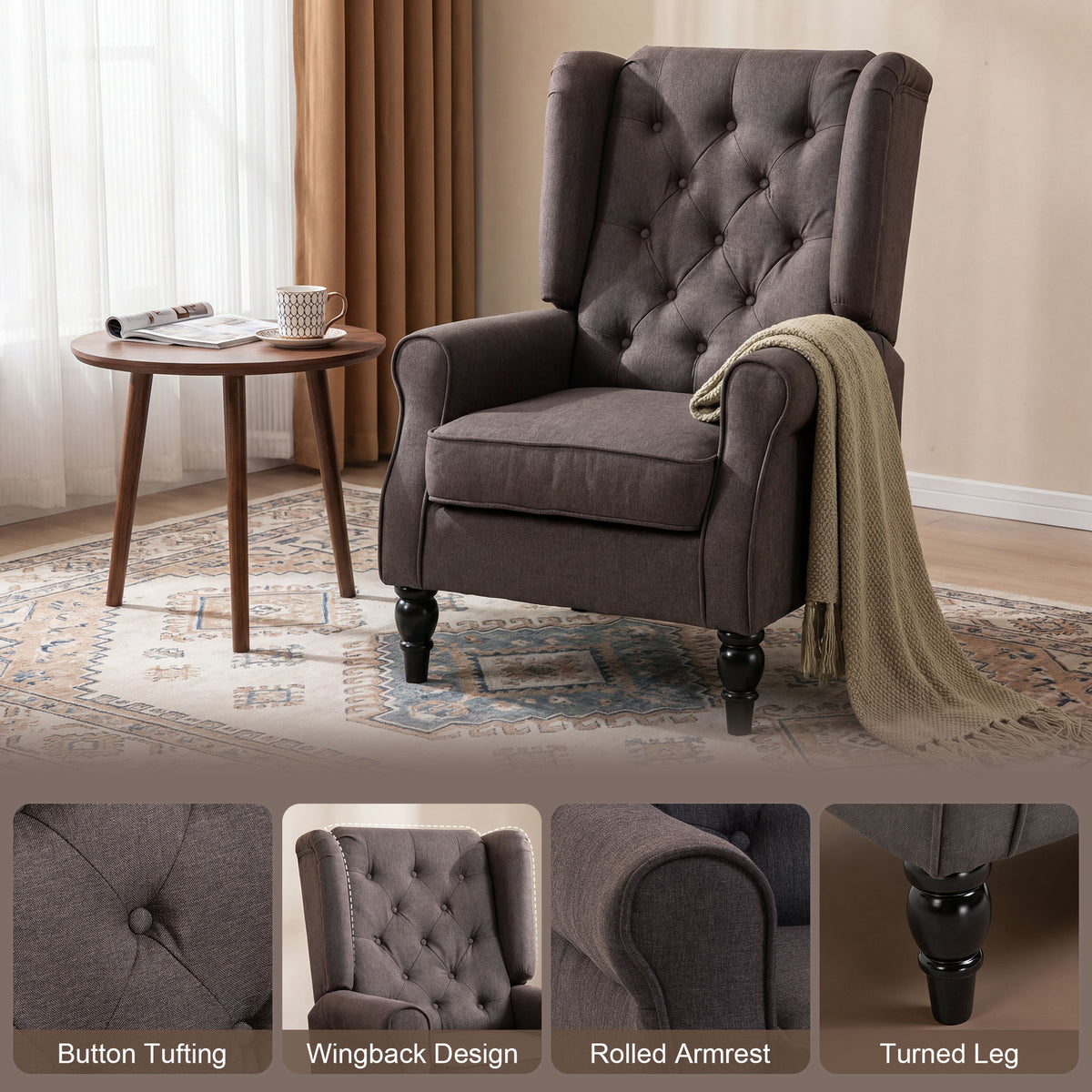 Modern Button-Tufted Accent Chair, Large Brown Living Room Wingback-DECOROLALA