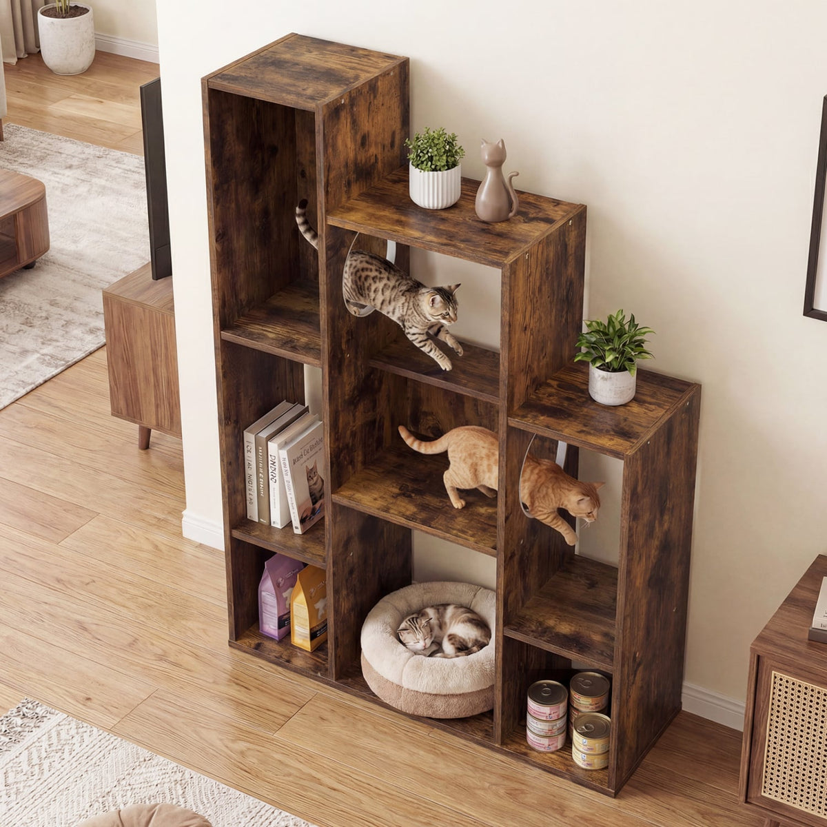 Modern Cat Bookshelf Cat Tree 8-Section Storage Cabinet with 2 Round Holes-Rustic Brown-Cat Trees & Scratchers-DECOROLALA